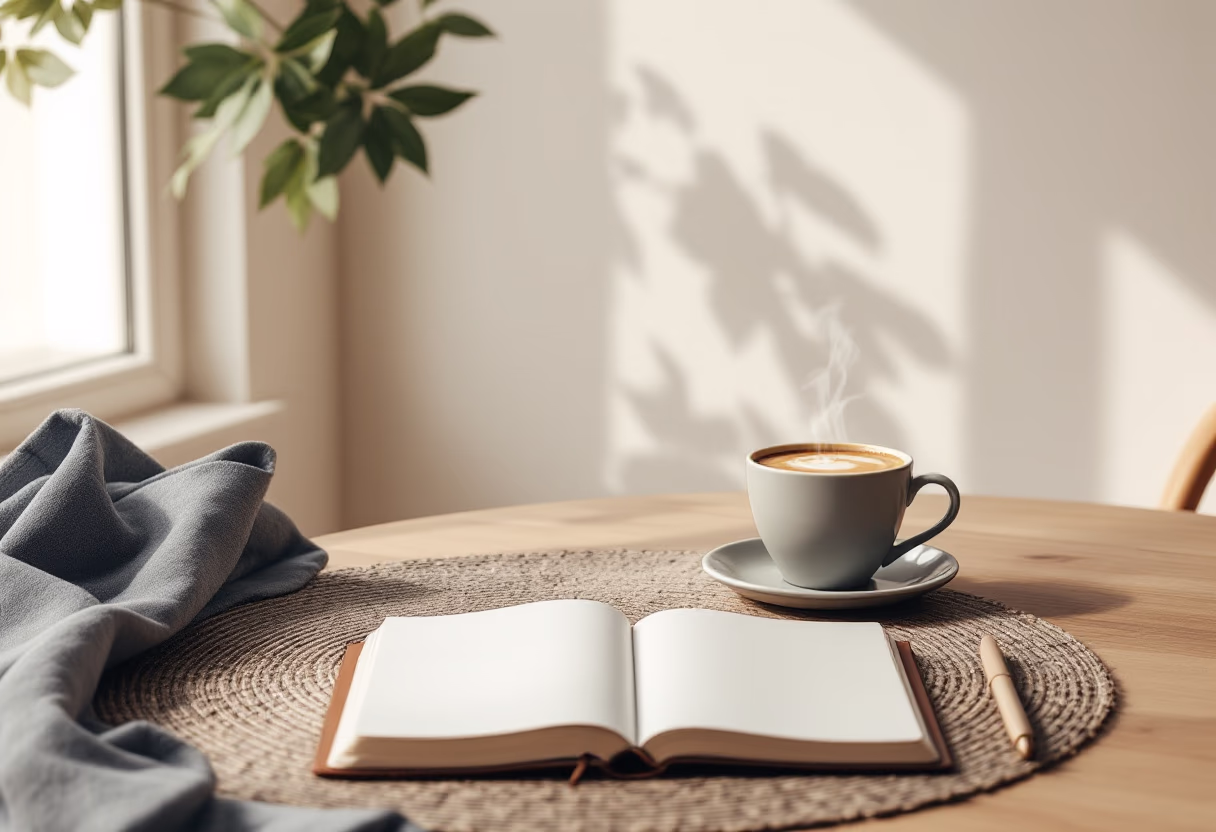 image of a notebook and coffee cup on a table for a productivity tools business