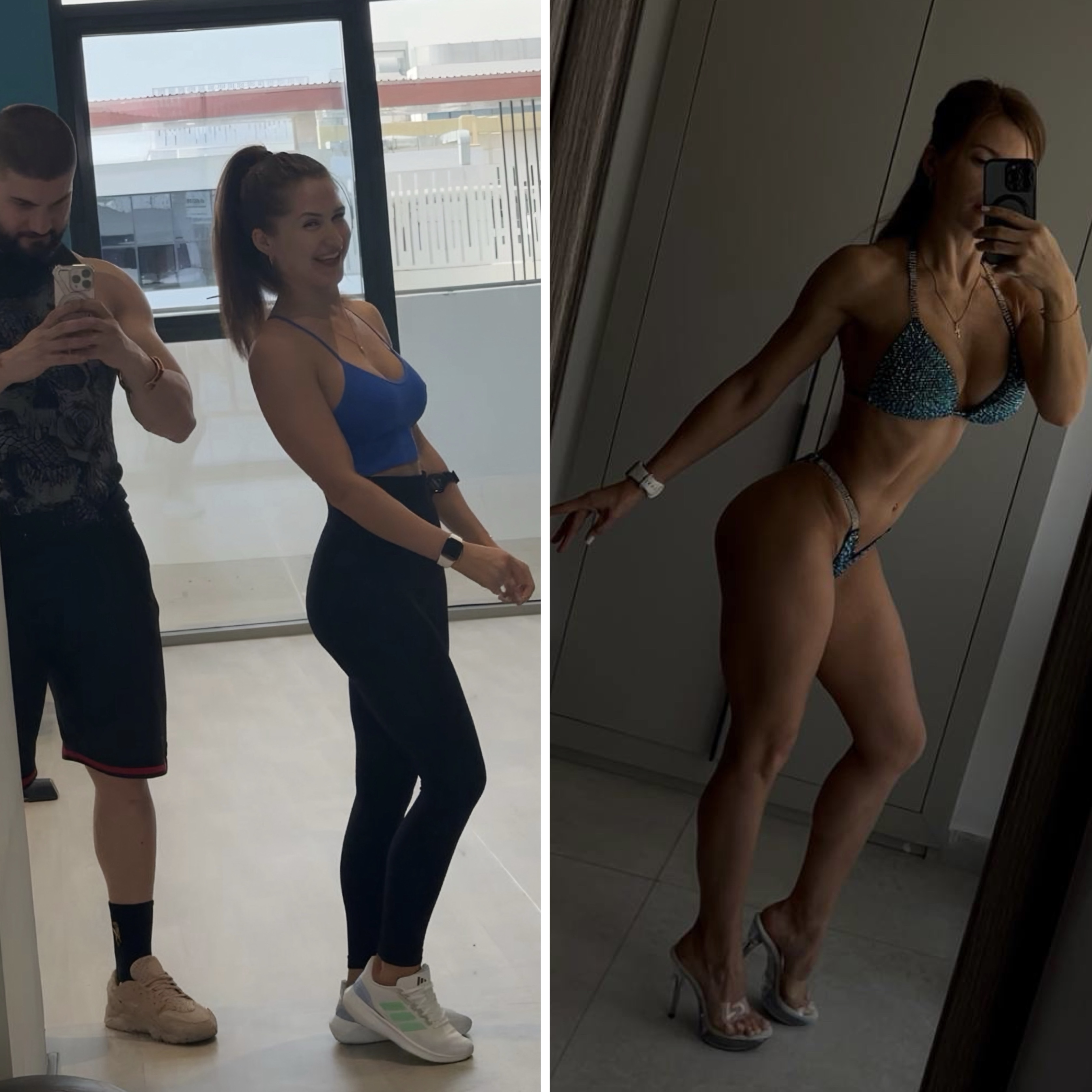 Two photos side by side: left shows a man and woman taking a mirror selfie in workout clothes; right shows a woman in a blue bikini and heels taking a mirror selfie.