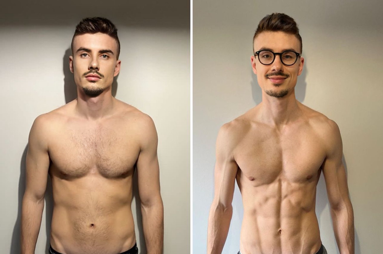 Side-by-side comparison of a shirtless man with a muscular physique on the left and a leaner, more defined muscular physique on the right, wearing glasses.