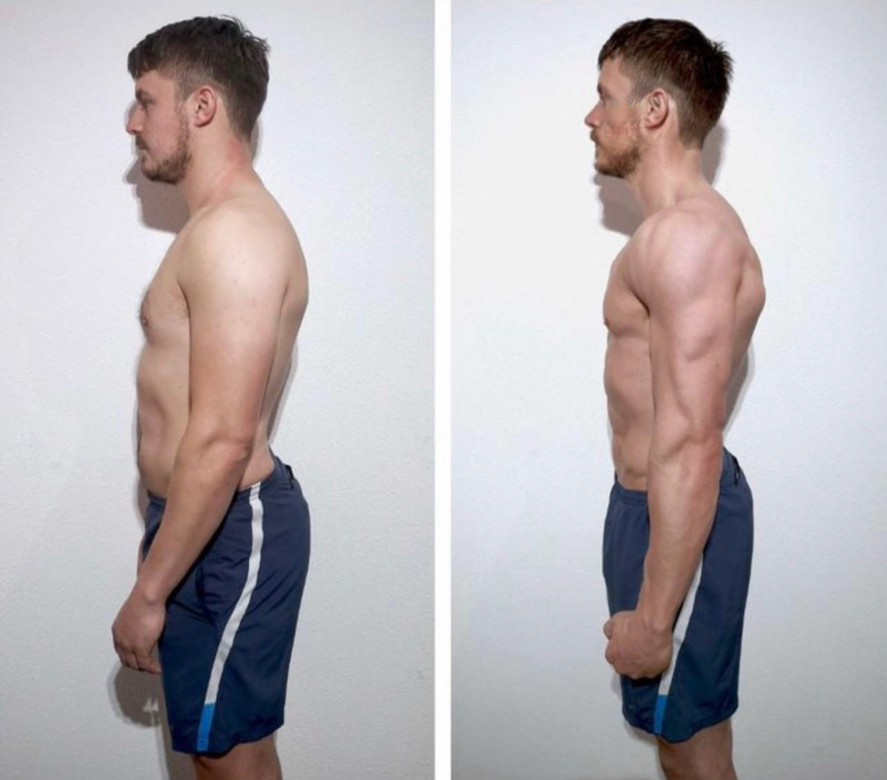 Side-by-side comparison of a shirtless man before and after muscle gain, showing increased muscle definition and size on the right.