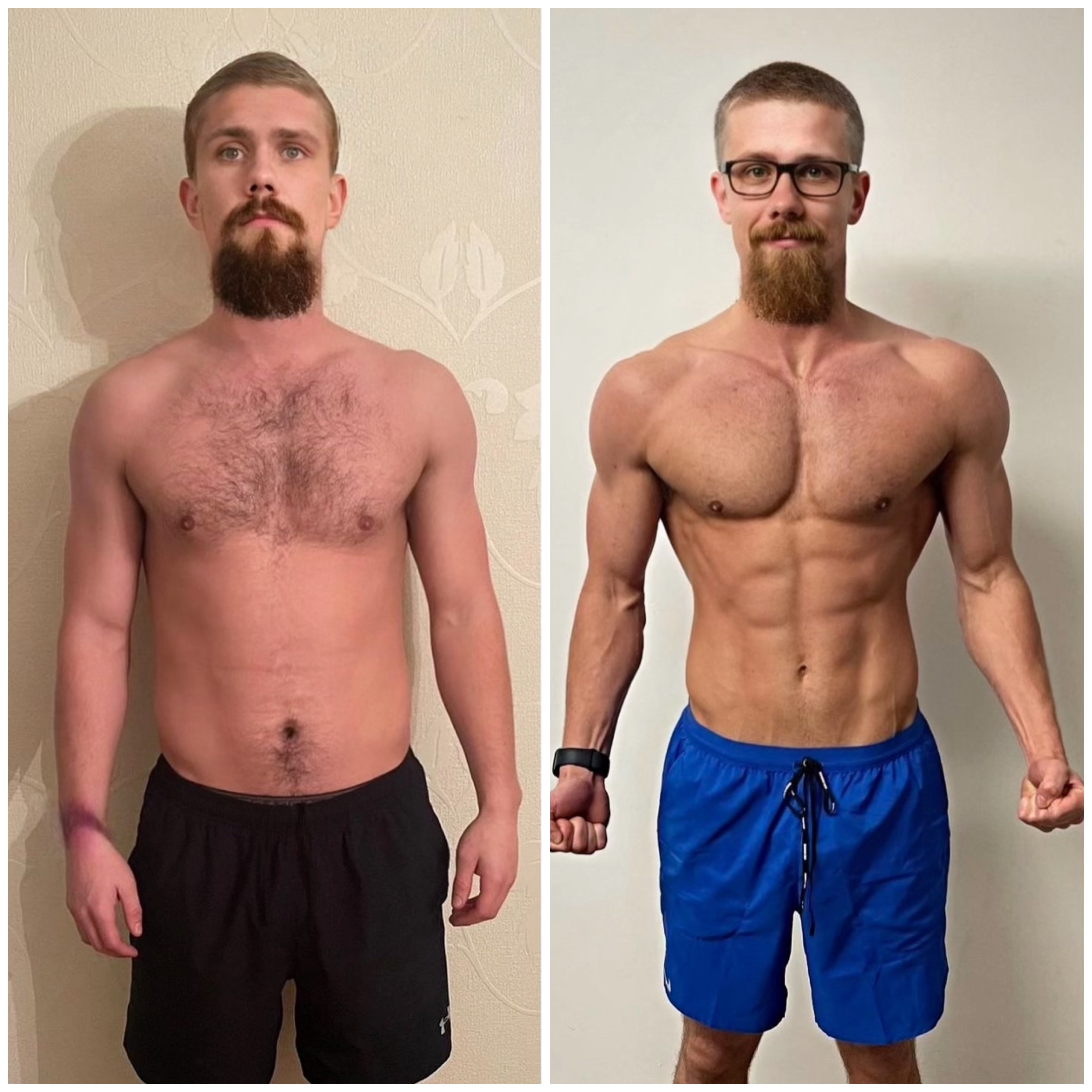 Before and after photos of a man showing significant muscle gain and fat loss, wearing black shorts on the left and blue shorts on the right.