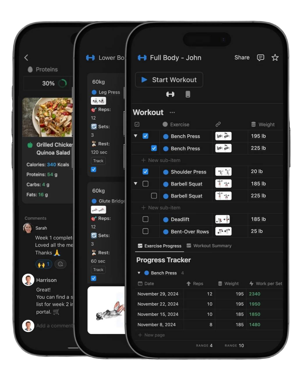 Three smartphone screens showing a fitness app interface with workout plans, exercise details, nutrition info, and progress tracking.
