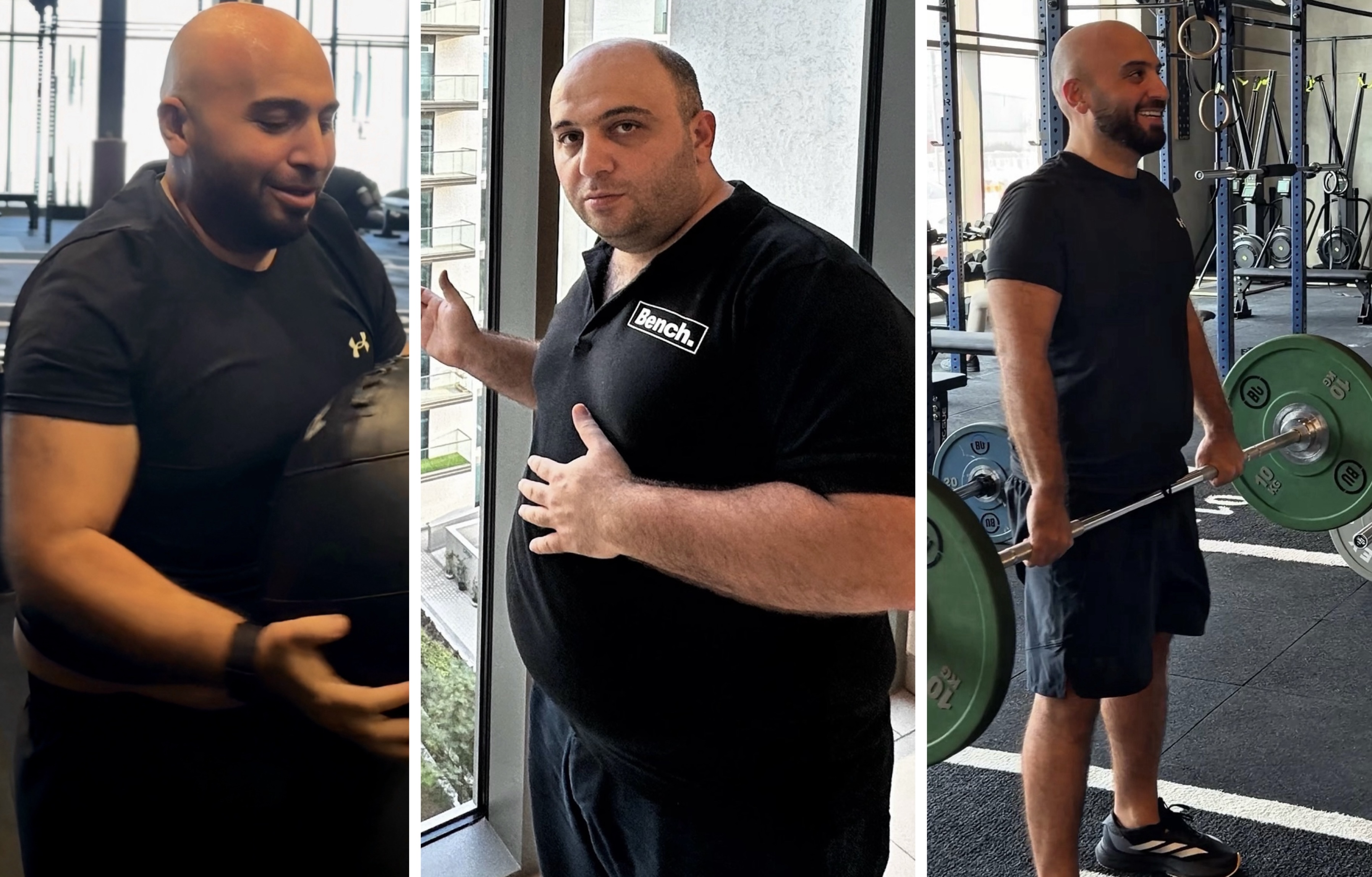 Collage of three images showing a man in a black t-shirt; left holding a medicine ball in a gym, center posing by a window wearing a Bench polo shirt, and right lifting a barbell with green weights in a gym.