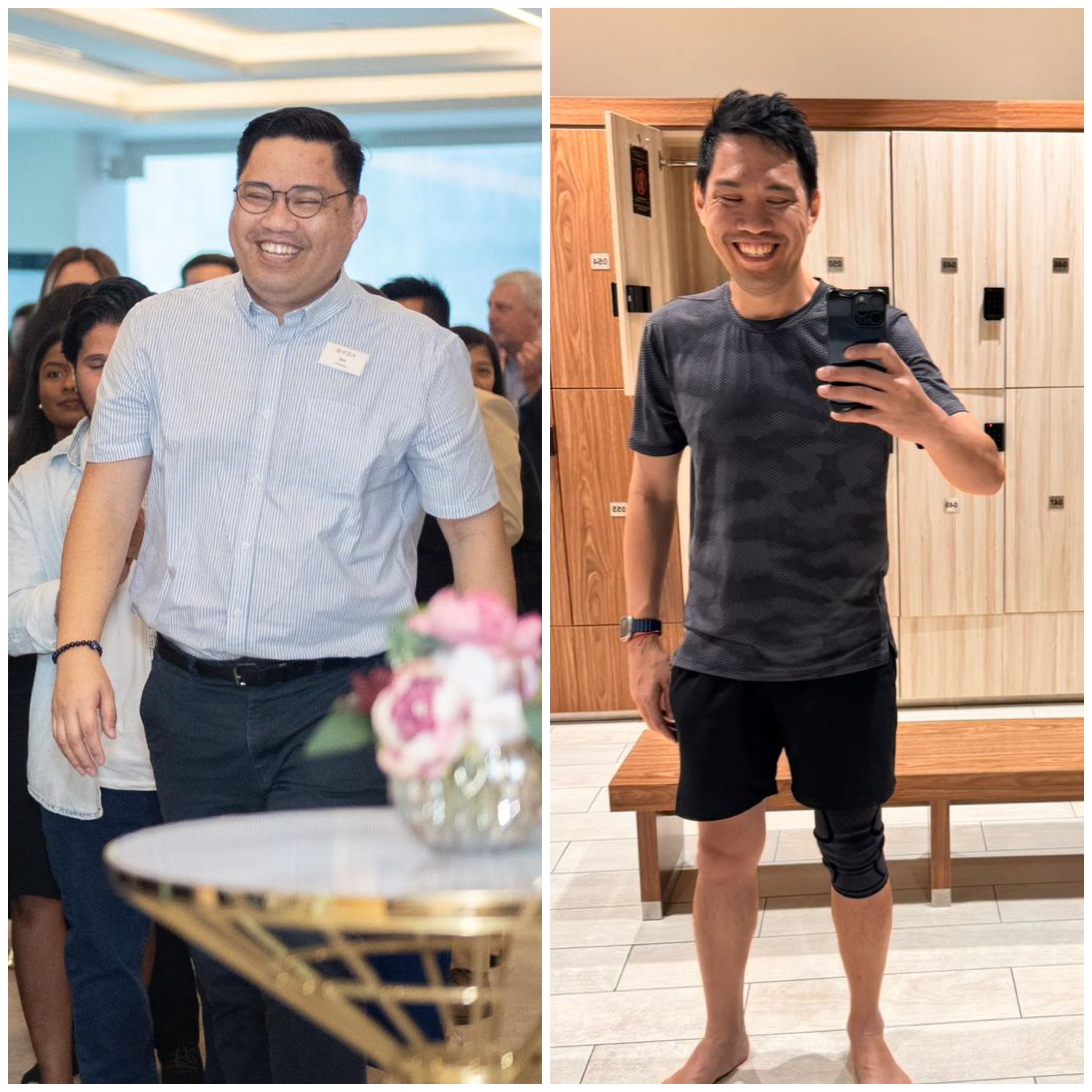 Split image: Left shows a smiling man in glasses and a light blue striped shirt at an event with people in the background; right shows a smiling man in a black athletic shirt and shorts taking a mirror selfie in a locker room, wearing a knee brace on his left knee.