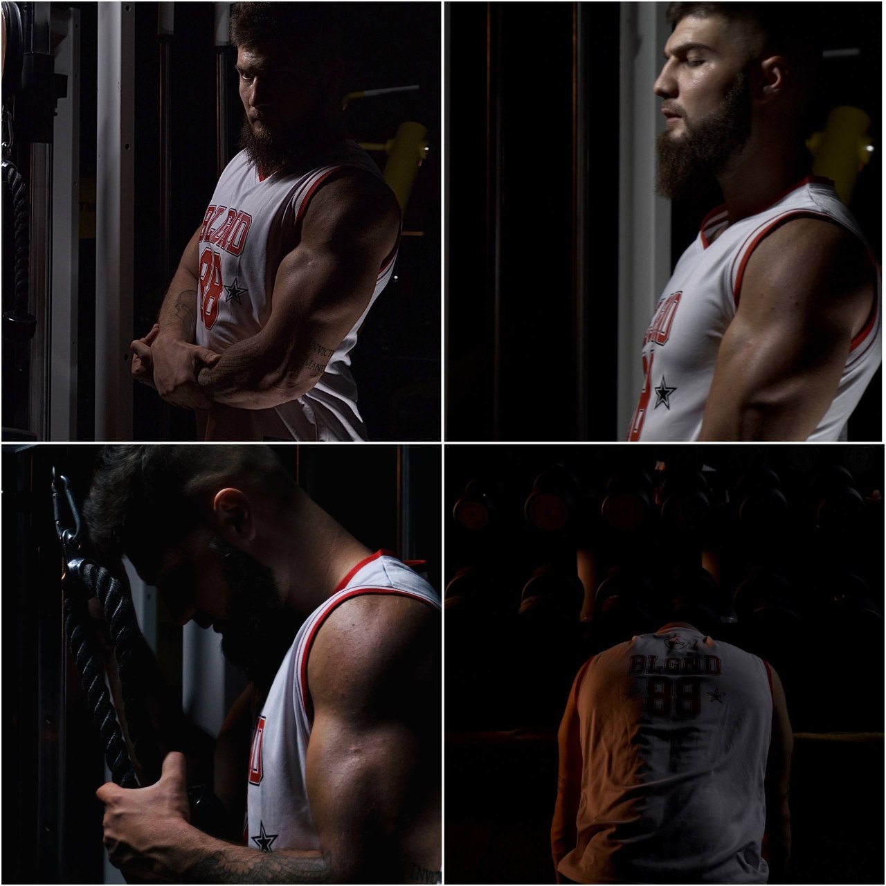 Collage of a muscular bearded man in a white sleeveless shirt at gym, showing arm muscles and using gym equipment in dim lighting.