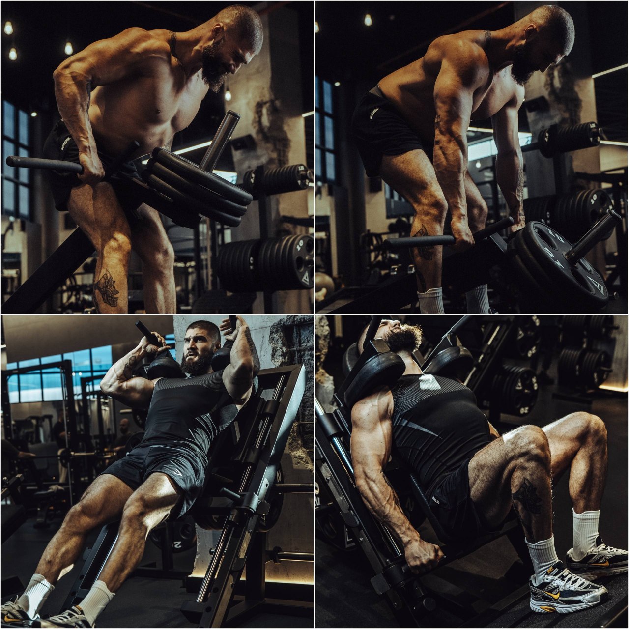 Collage of a muscular man performing weightlifting exercises in a gym, including bent-over rows with a barbell and leg presses on a weight machine.
