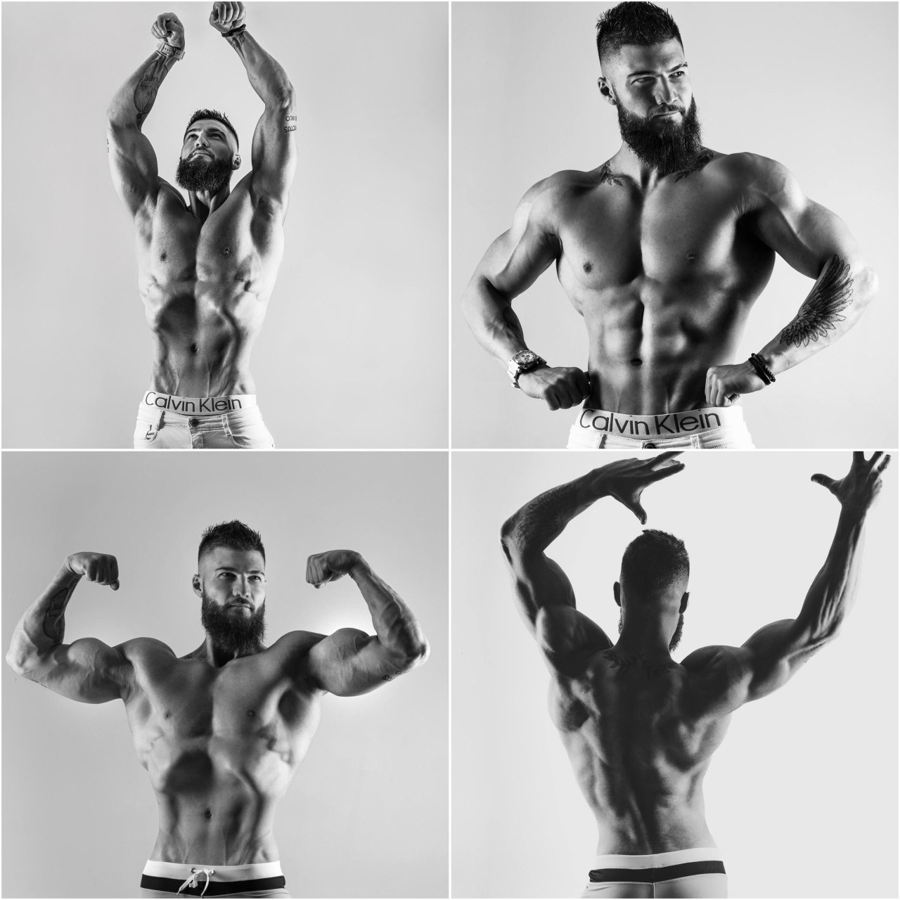 Collage of a bearded muscular man posing shirtless in four different bodybuilding stances wearing Calvin Klein underwear and shorts.