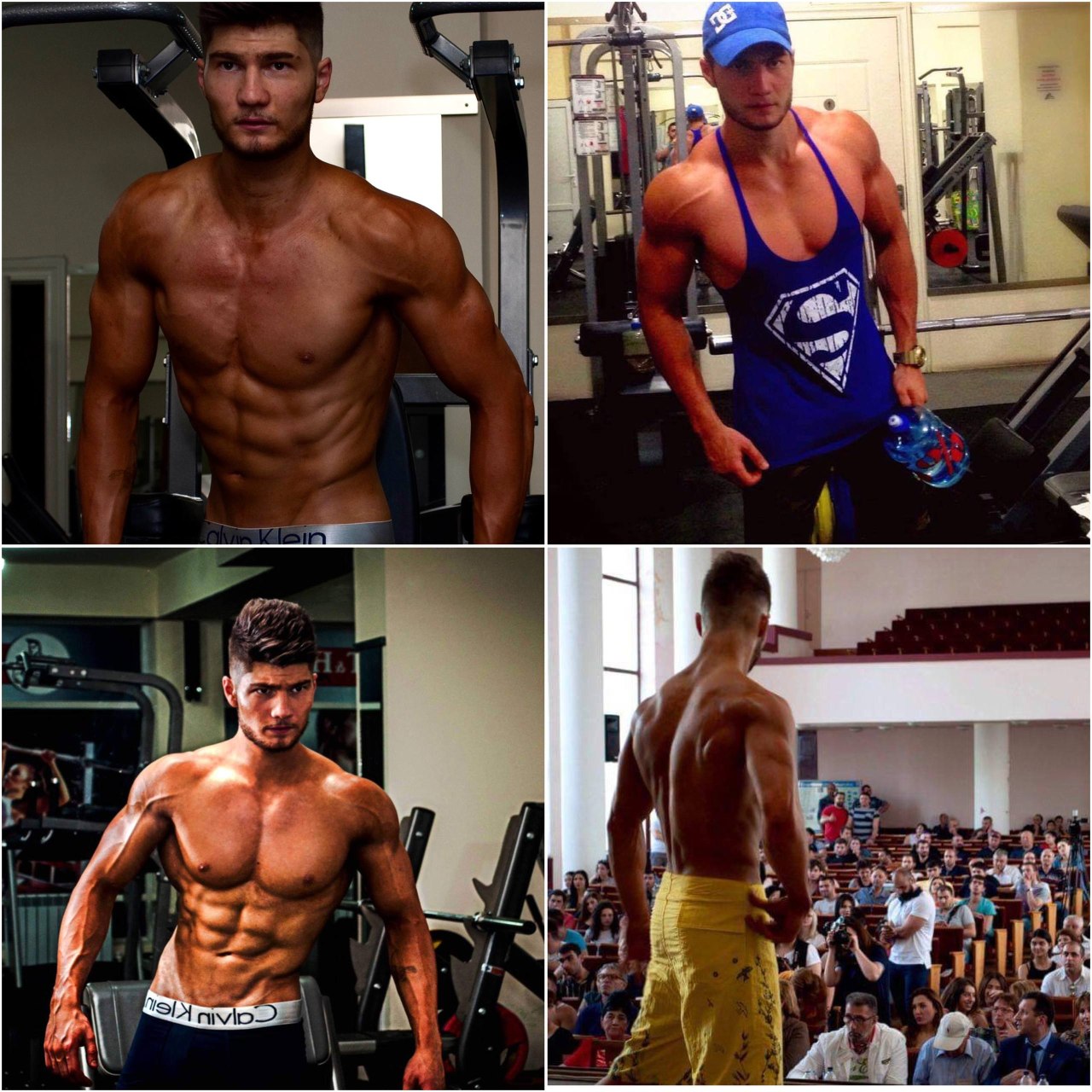 Collage of four images showing a muscular man in a gym and at a fitness event, posing shirtless to display his physique.
