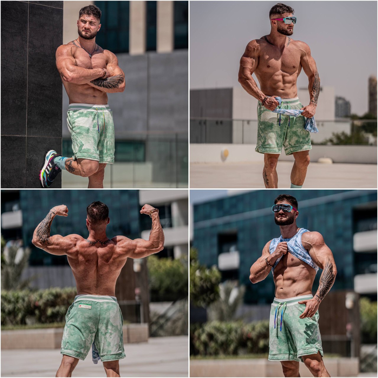 Collage of a muscular, tattooed man wearing green shorts and sunglasses posing outdoors in different stances under sunlight.