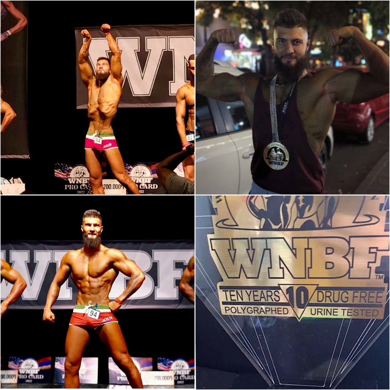 Collage showing a male bodybuilder with a beard competing on stage in red shorts numbered 94, flexing muscles and wearing a WNBF medal; close-up of a WNBF 10 years drug-free polygraphed and urine tested plaque.