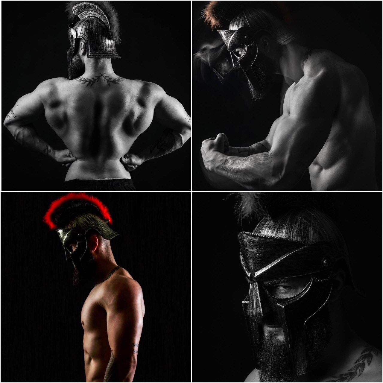 Collage of a muscular man wearing an ancient warrior helmet with a plume, shown from back, side, flexing muscles, and close-up of face in helmet.