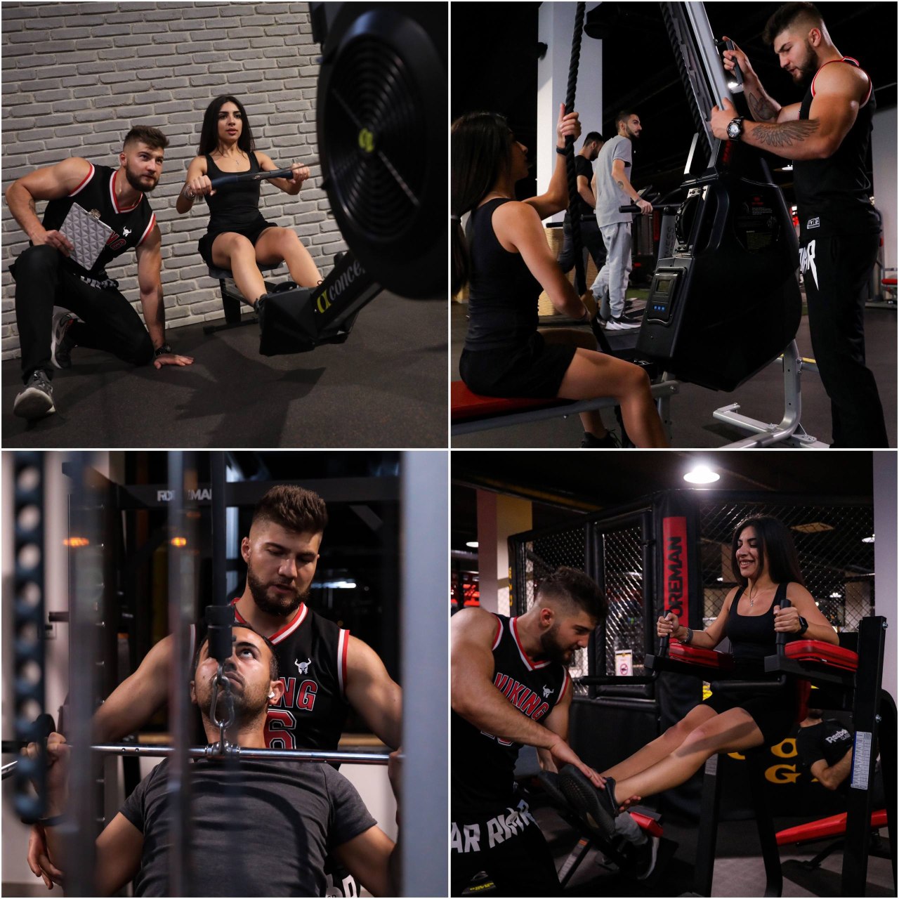 A male personal trainer assists a woman and another man with different gym exercises including rowing, lat pulldown, bench press, and leg raises inside a gym.