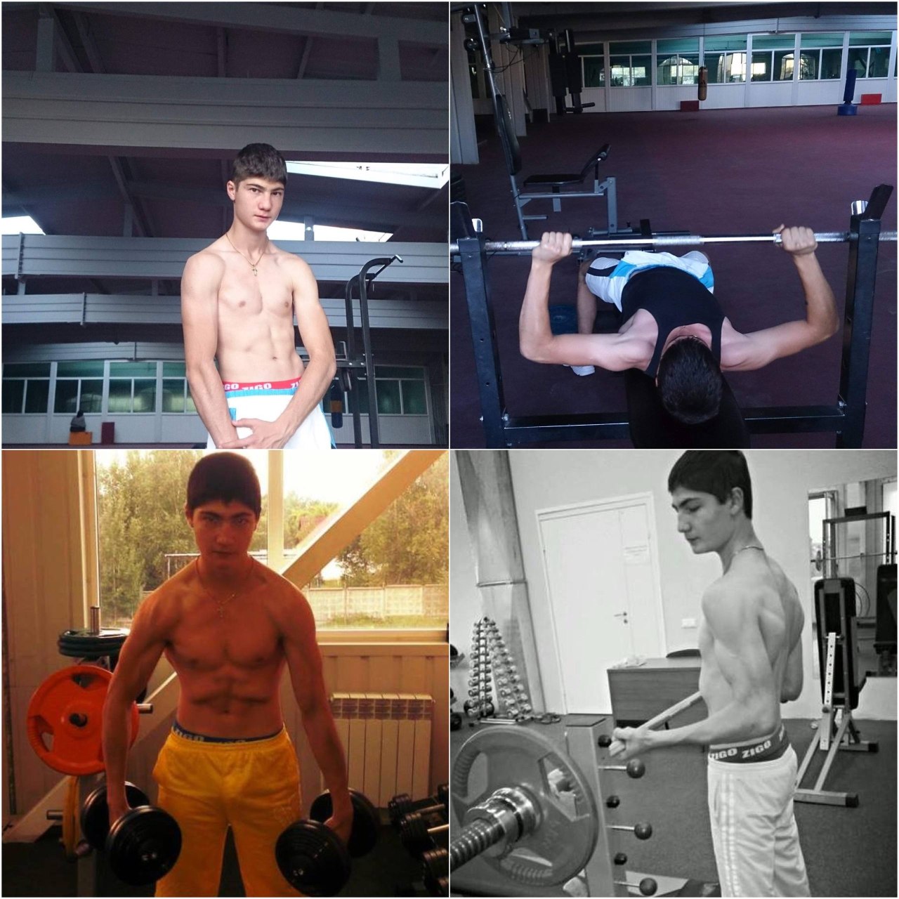 Collage of a young man working out and posing shirtless in a gym with weightlifting equipment.