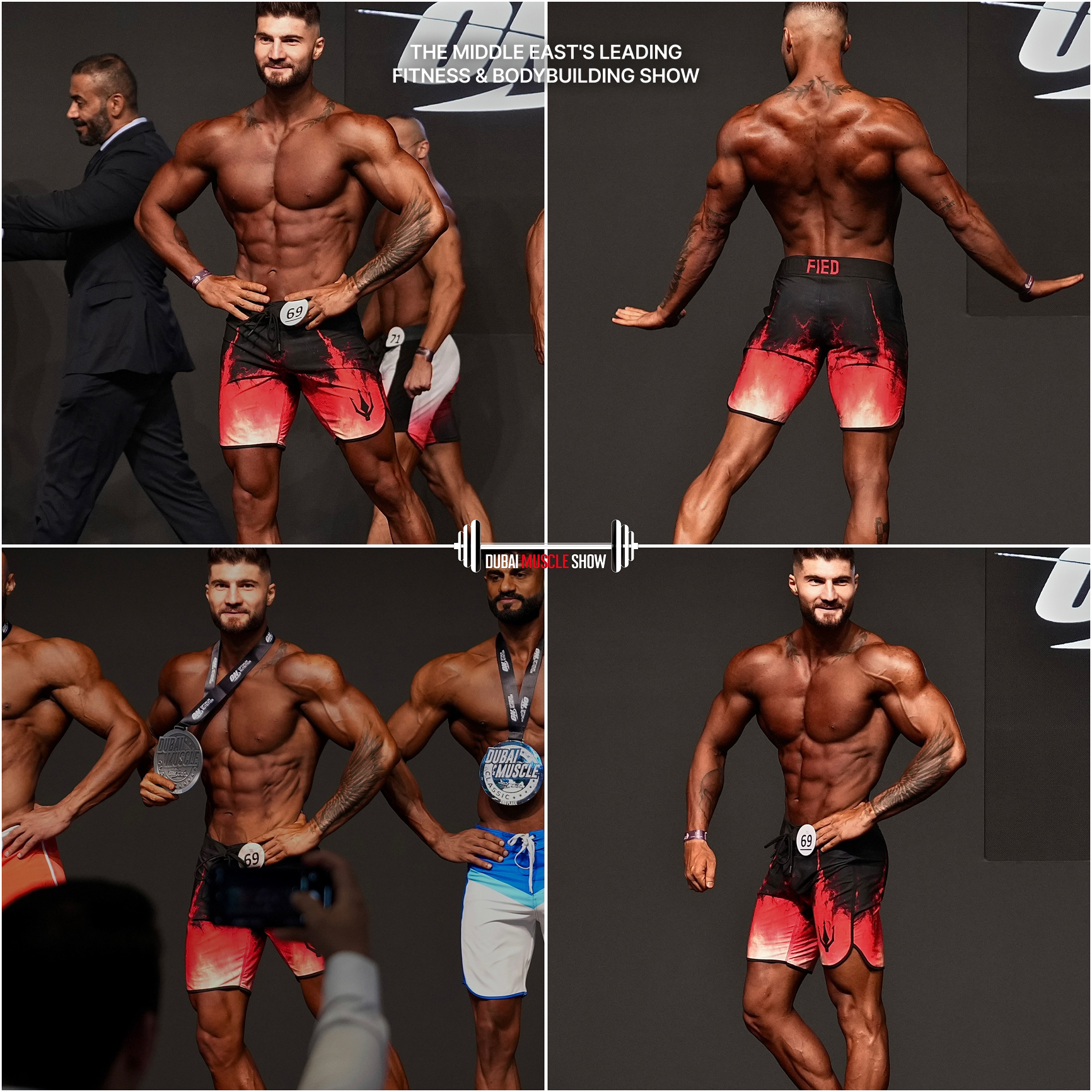 Collage of a male bodybuilder in red and black shorts posing from front and back during Dubai Muscle Show with medals and judges present.