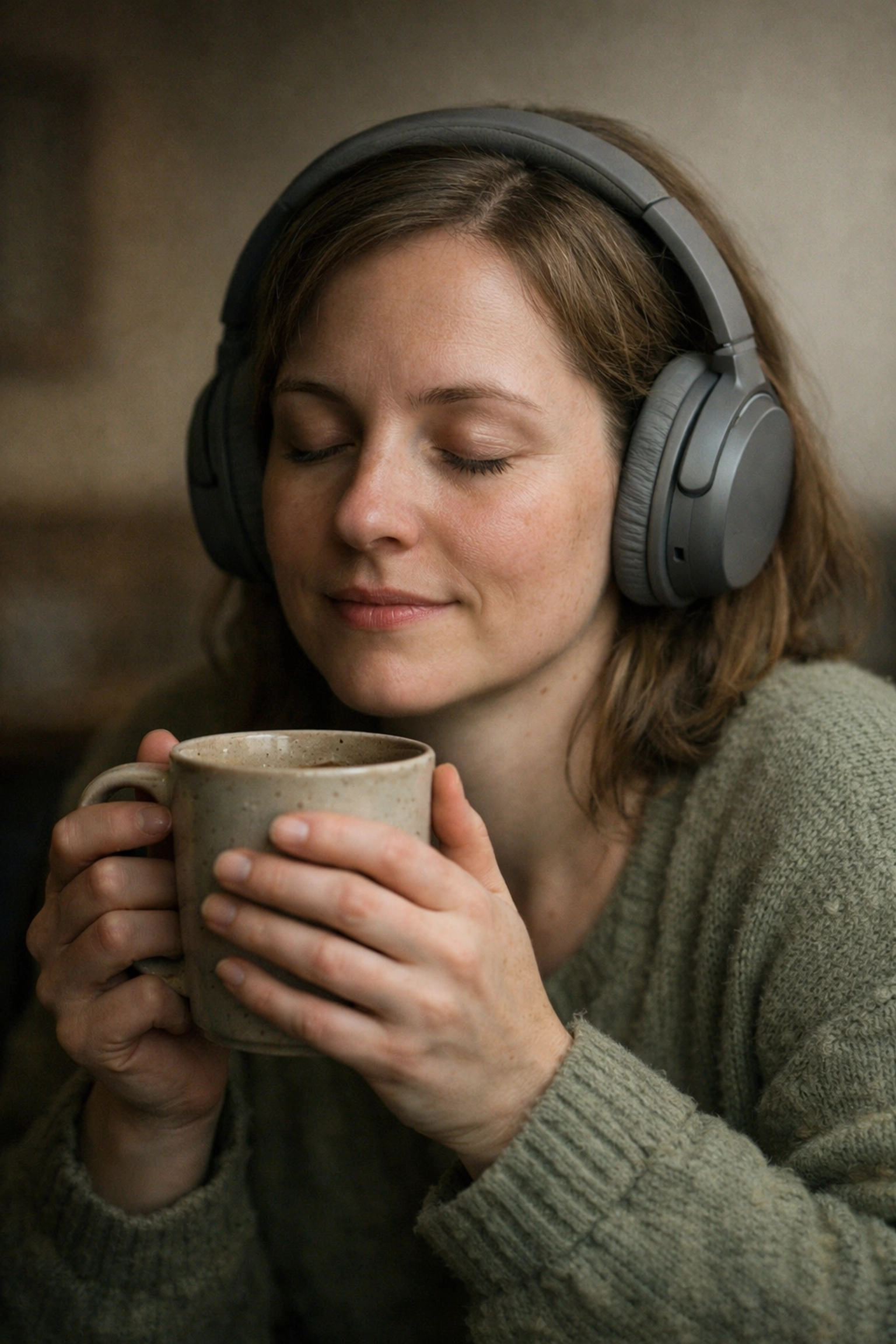 A neurodivergent woman using noise-cancelling headphones for sensory support in a quiet cafe setting.