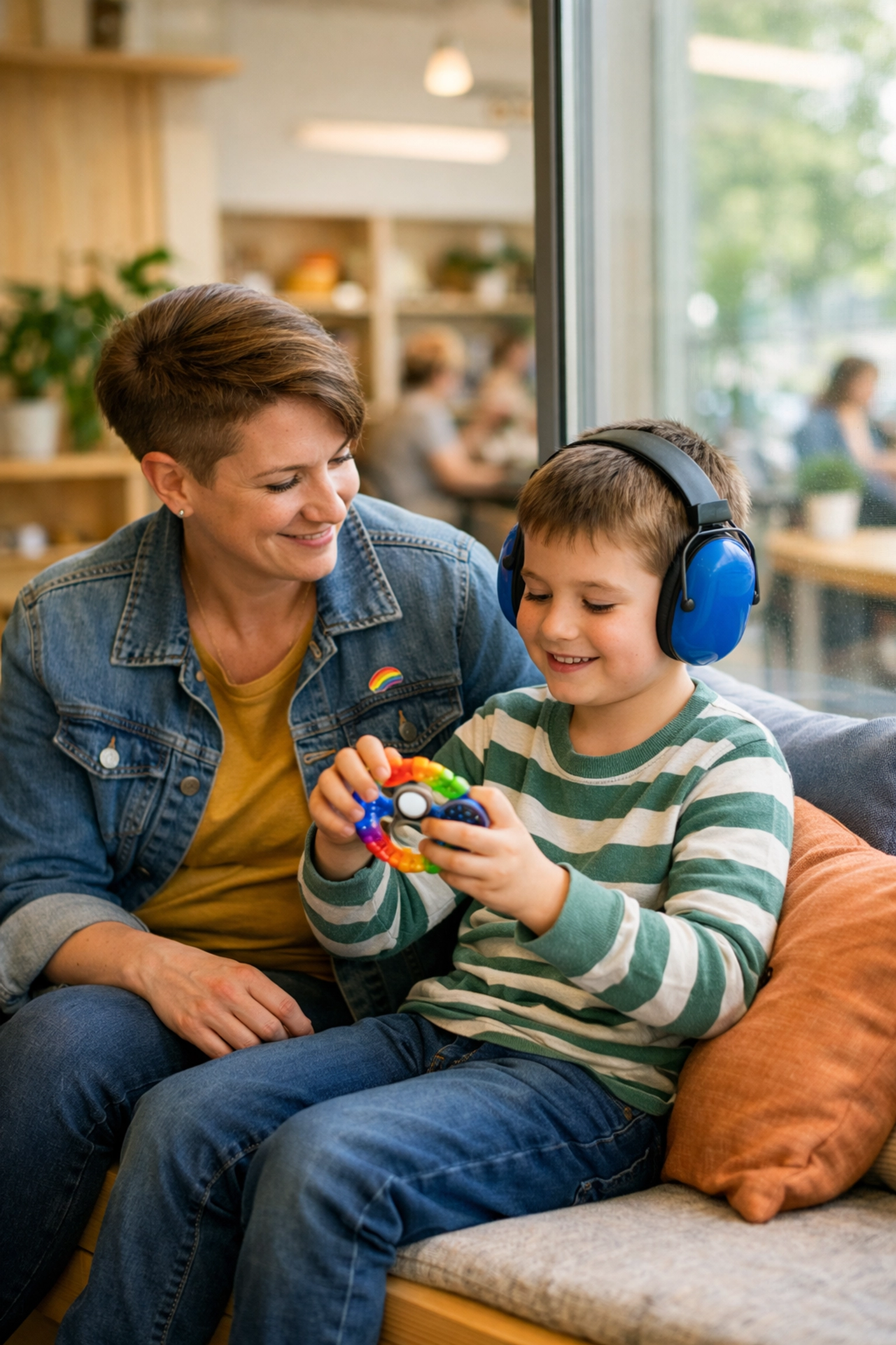 Parent and child in an inclusive community hub in Halifax using ear defenders for sensory support.