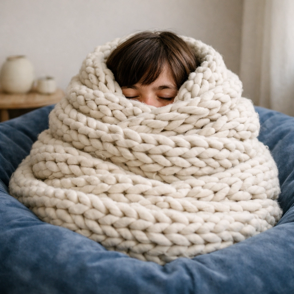 A teenager using a weighted blanket for sensory regulation and deep pressure in a calm space.