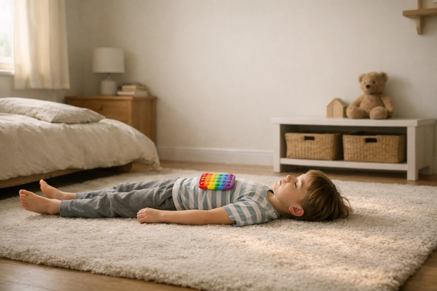 A child decompressing with a stim toy on a rug to recover from a sensory hangover.