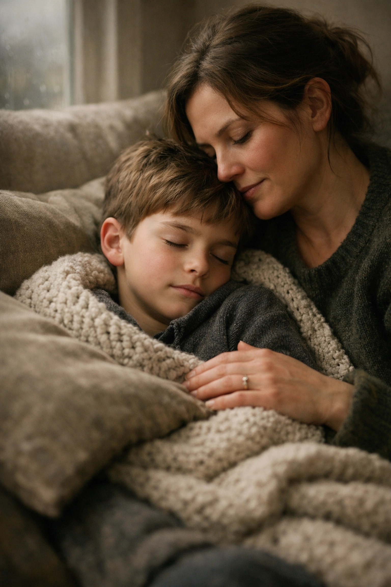 Mother comforting her son in a sensory-safe space, supporting neurodiverse developmental needs.