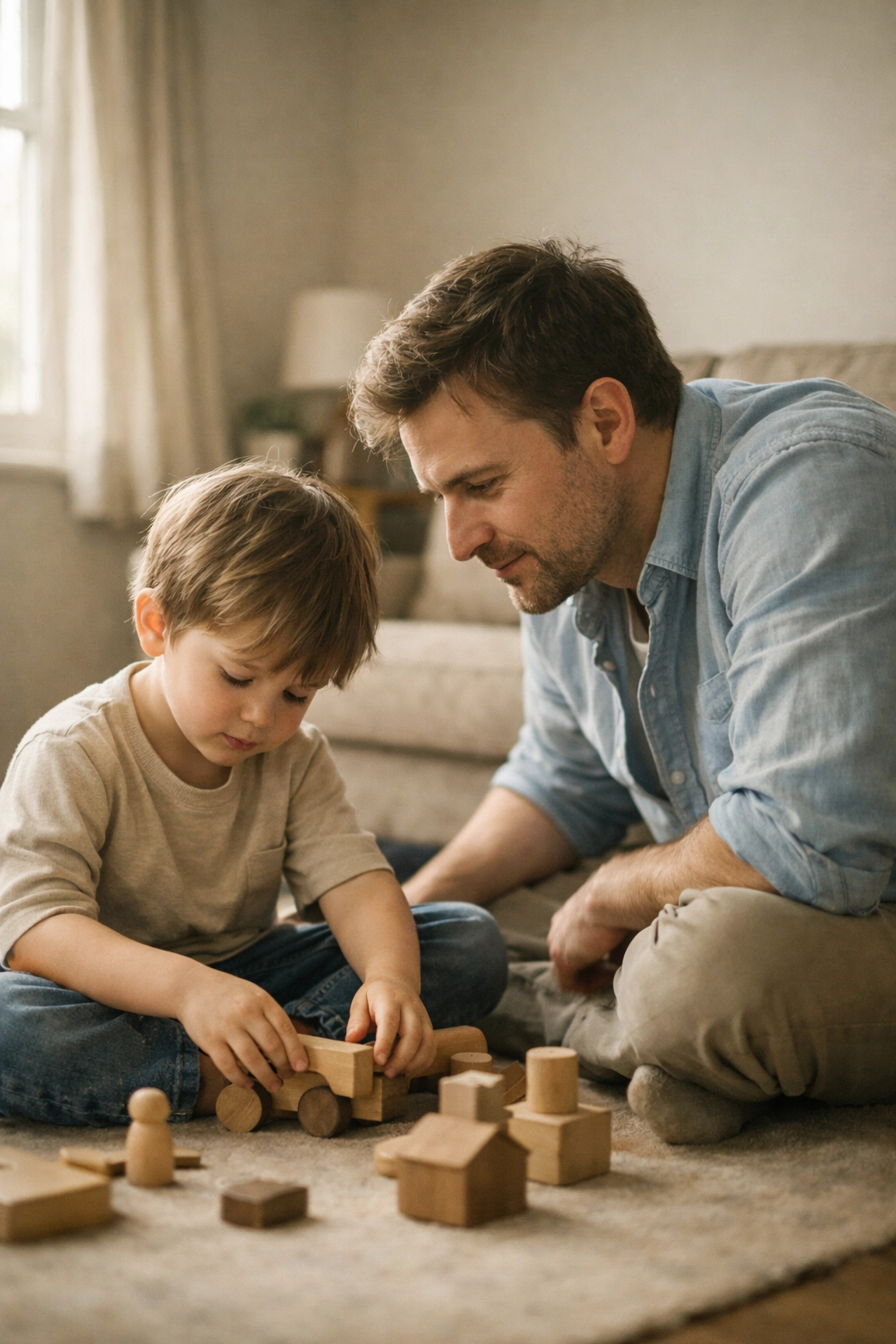 Father and son bonding over quiet play, highlighting connection in ADHD family support.