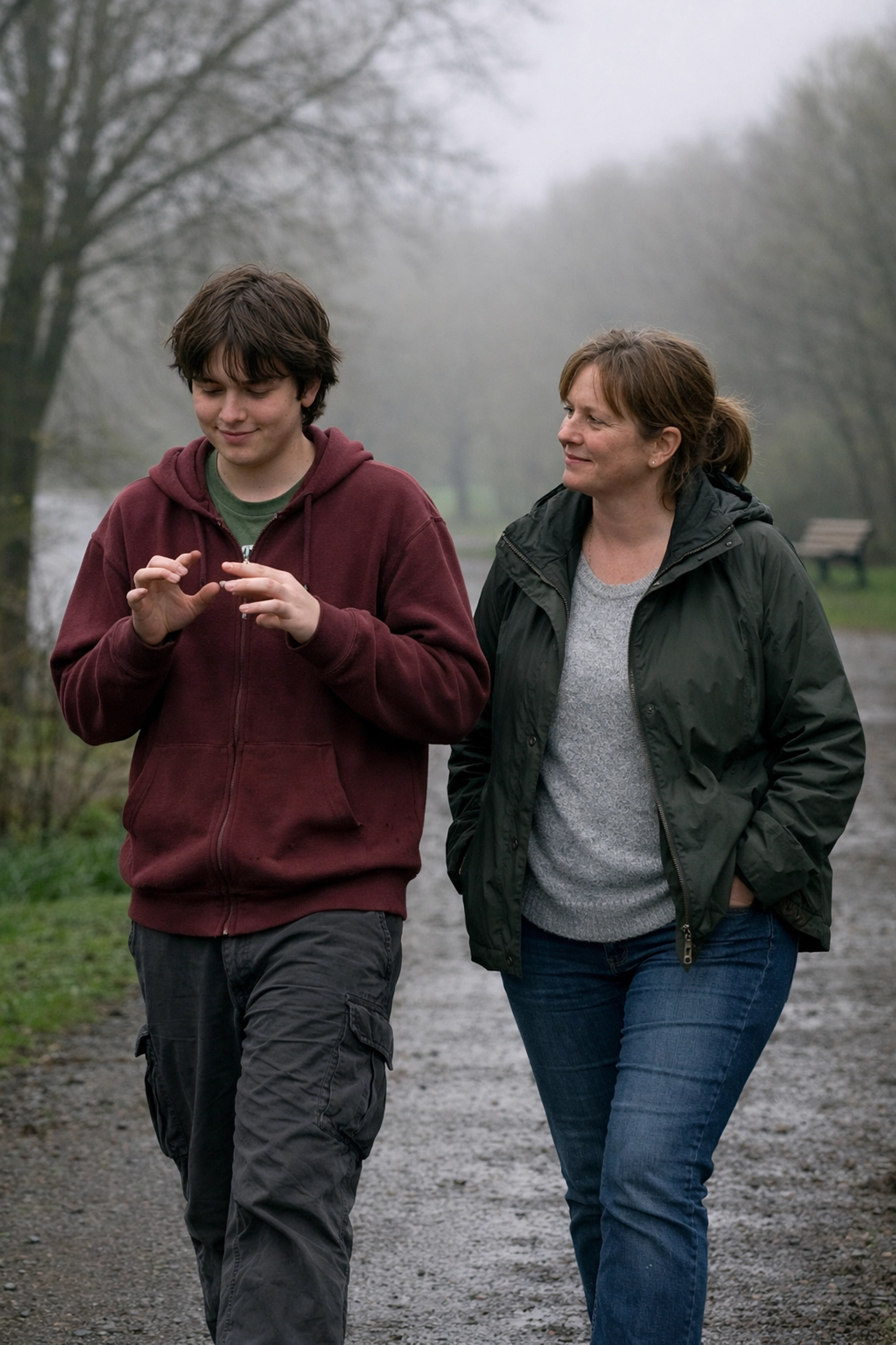 A mother and neurodivergent teen walking in a Halifax park, embracing unmasked autism.