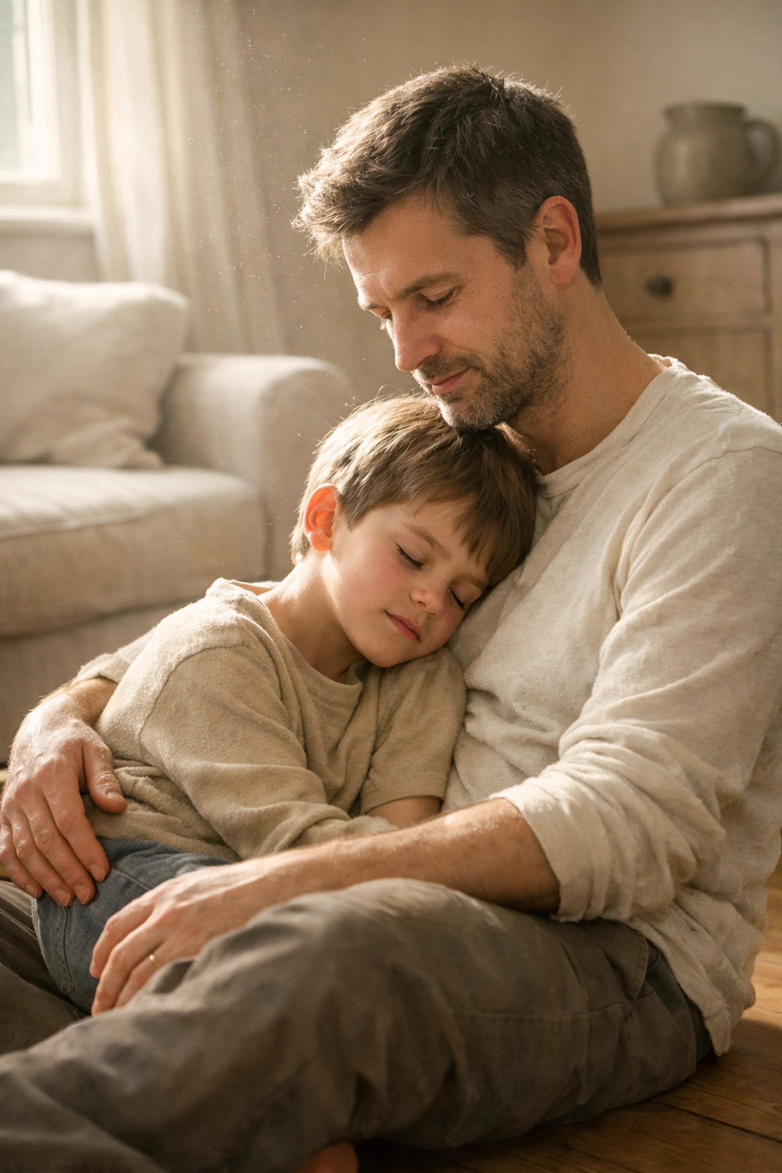 Father and son sharing a quiet moment of connection in a Calderdale home, highlighting family support needs.