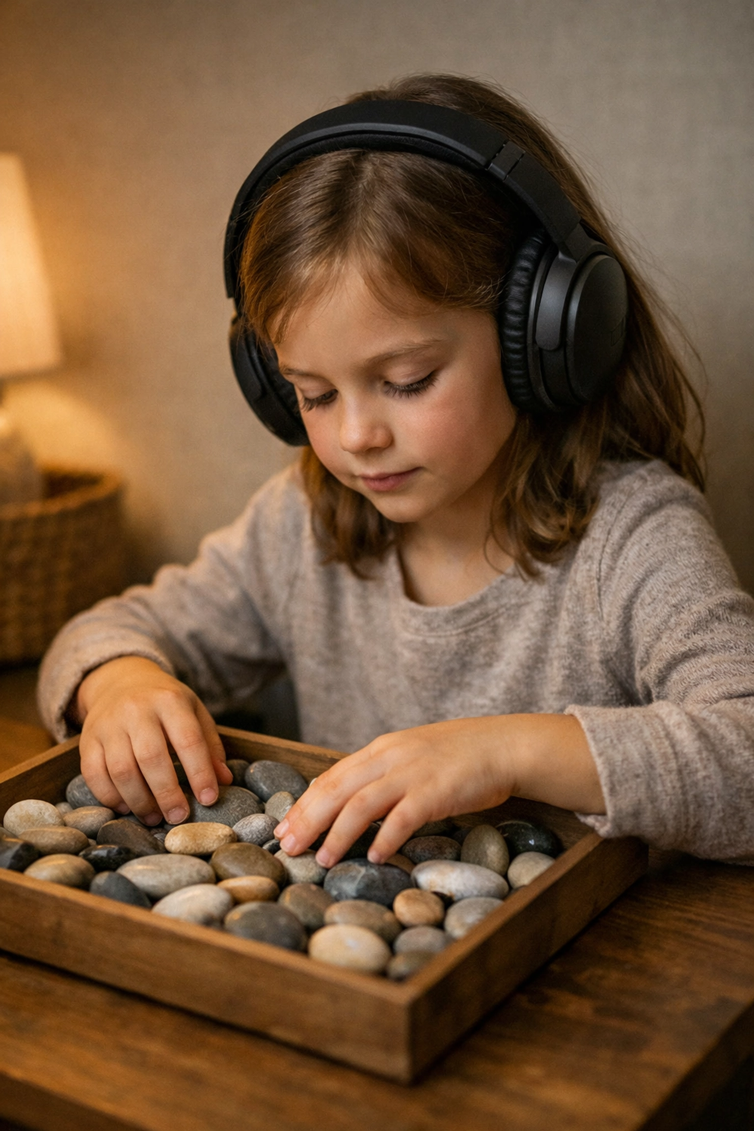 A young girl using noise-cancelling headphones for sensory regulation, reflecting inclusive tools at Noa's Place.
