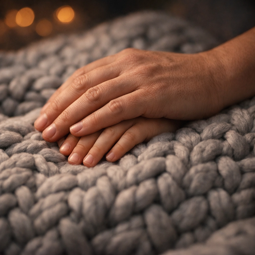 A parent's hand providing deep pressure on a child’s hand over a weighted blanket for sensory regulation.