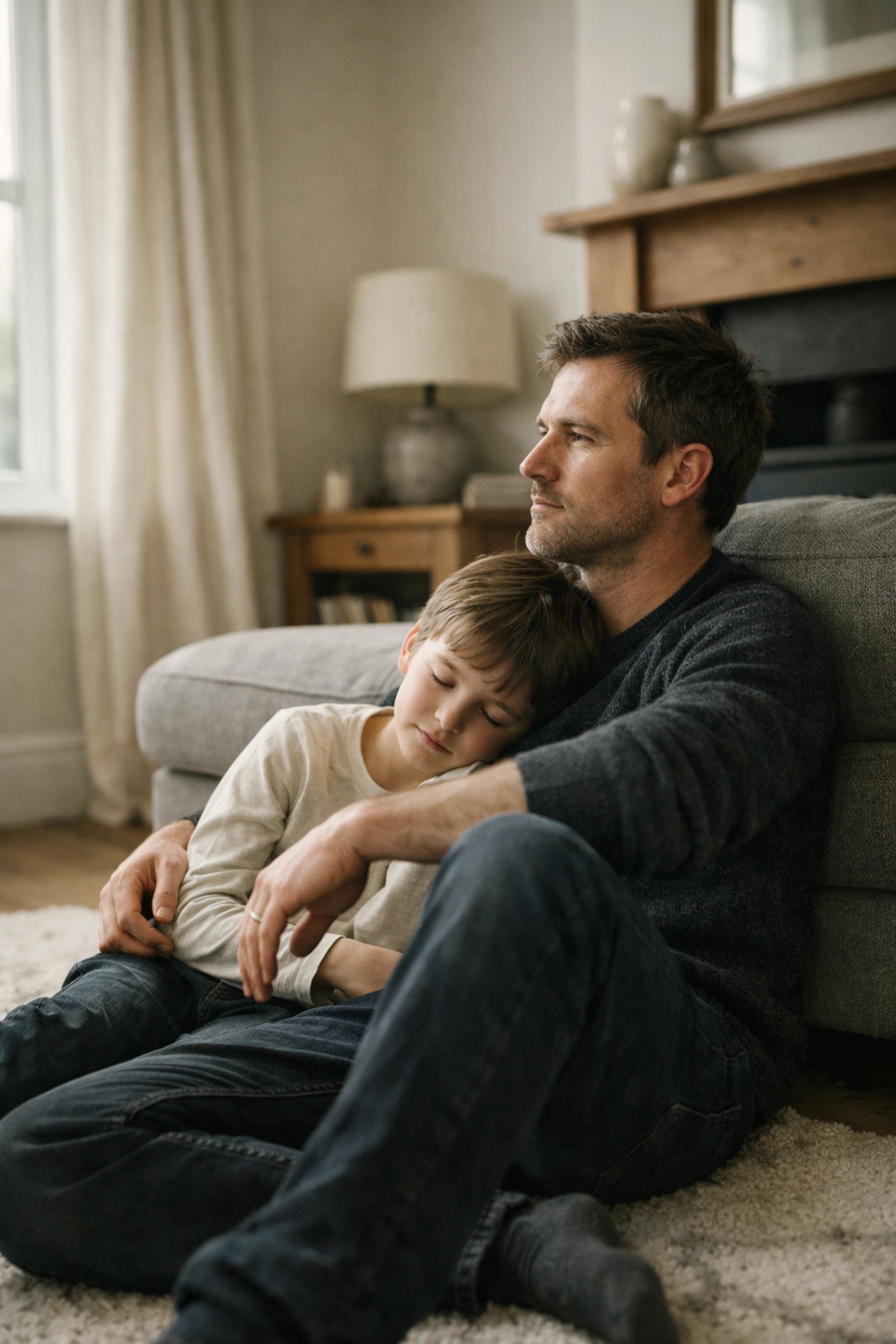 A calm father and son sitting together on a rug, demonstrating co-regulation and emotional safety at home.