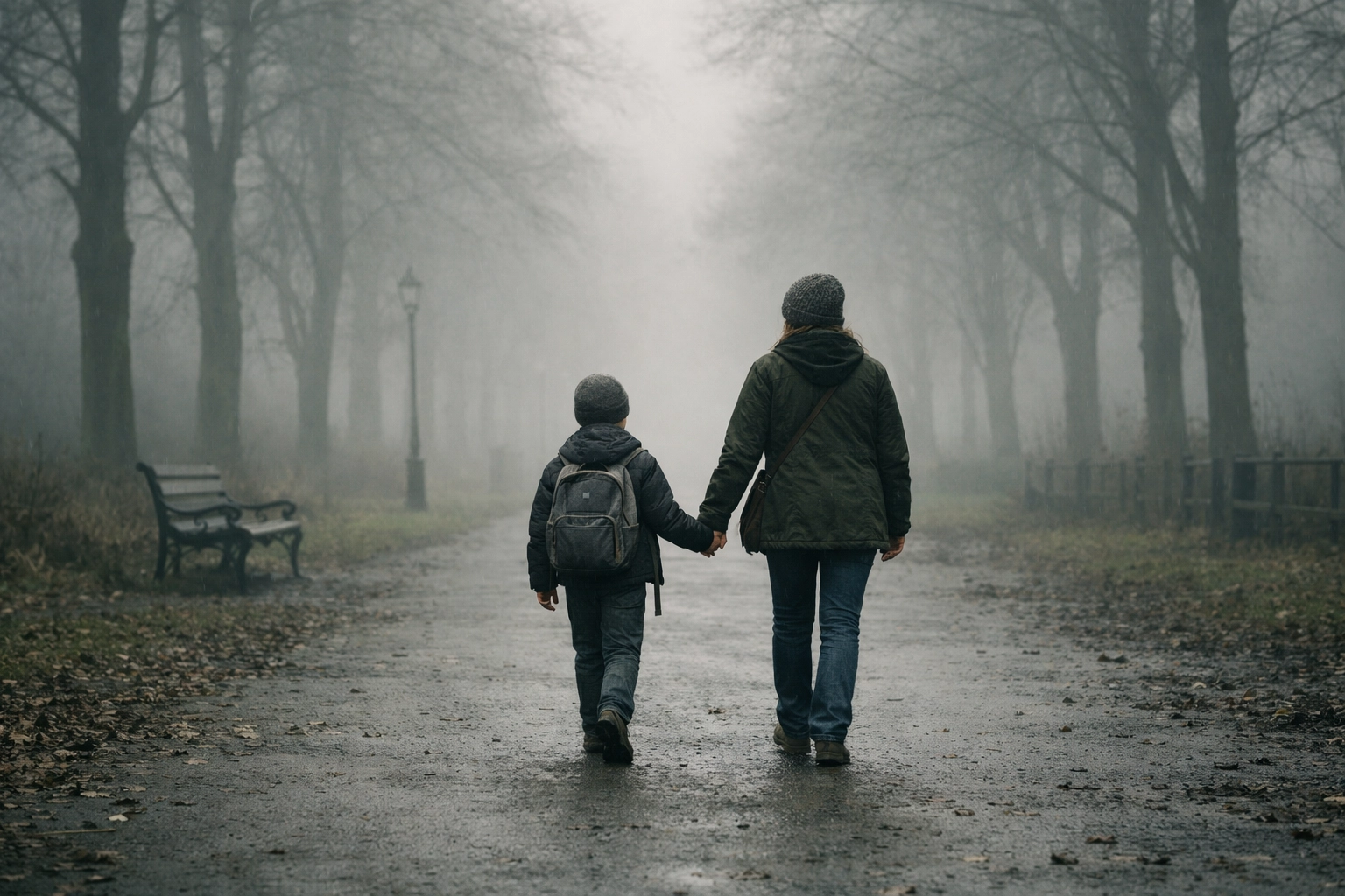 A mother and son taking small steps together towards school reintegration in a calm park setting.