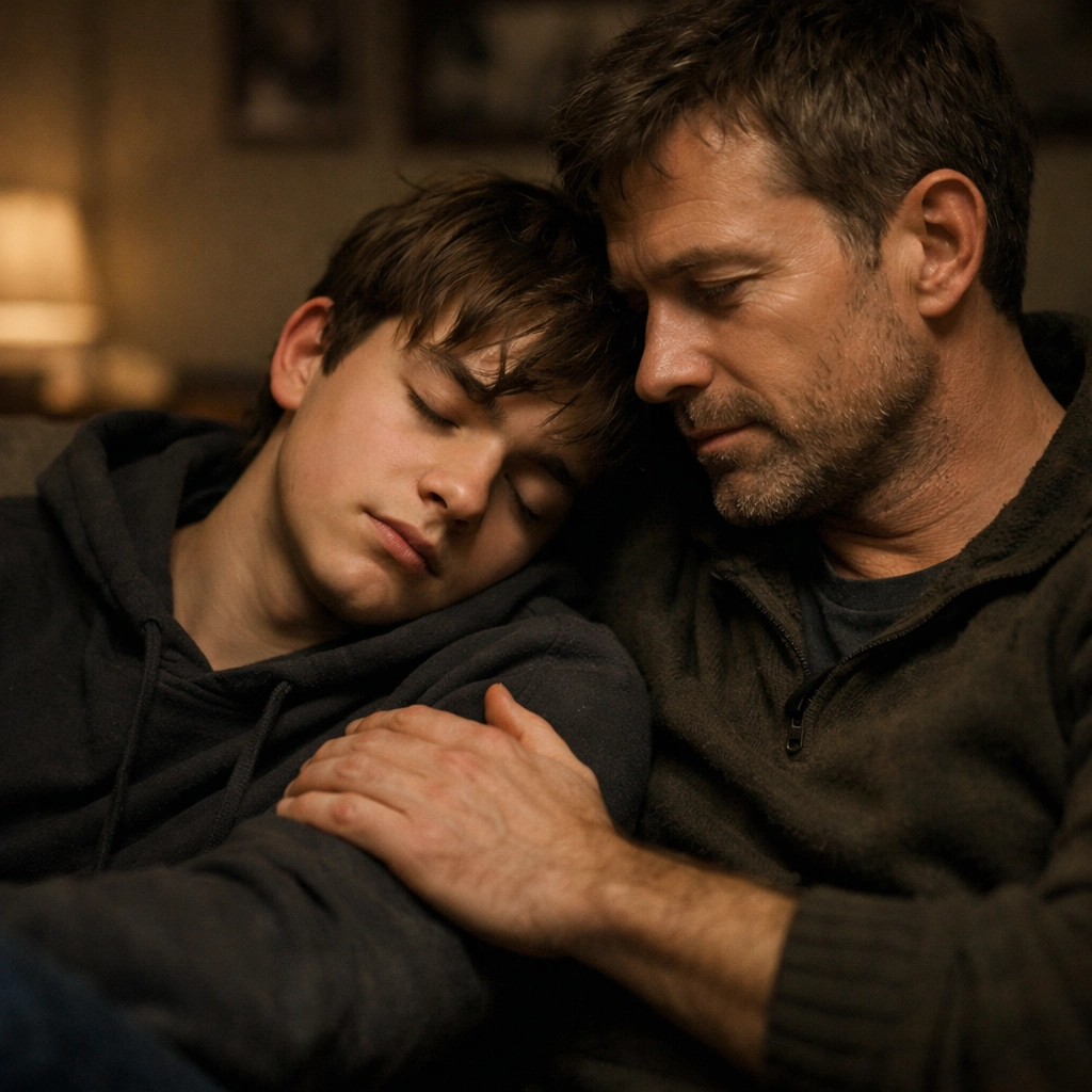 A father providing emotional support and co-regulation to his teenage son after a stressful school day.
