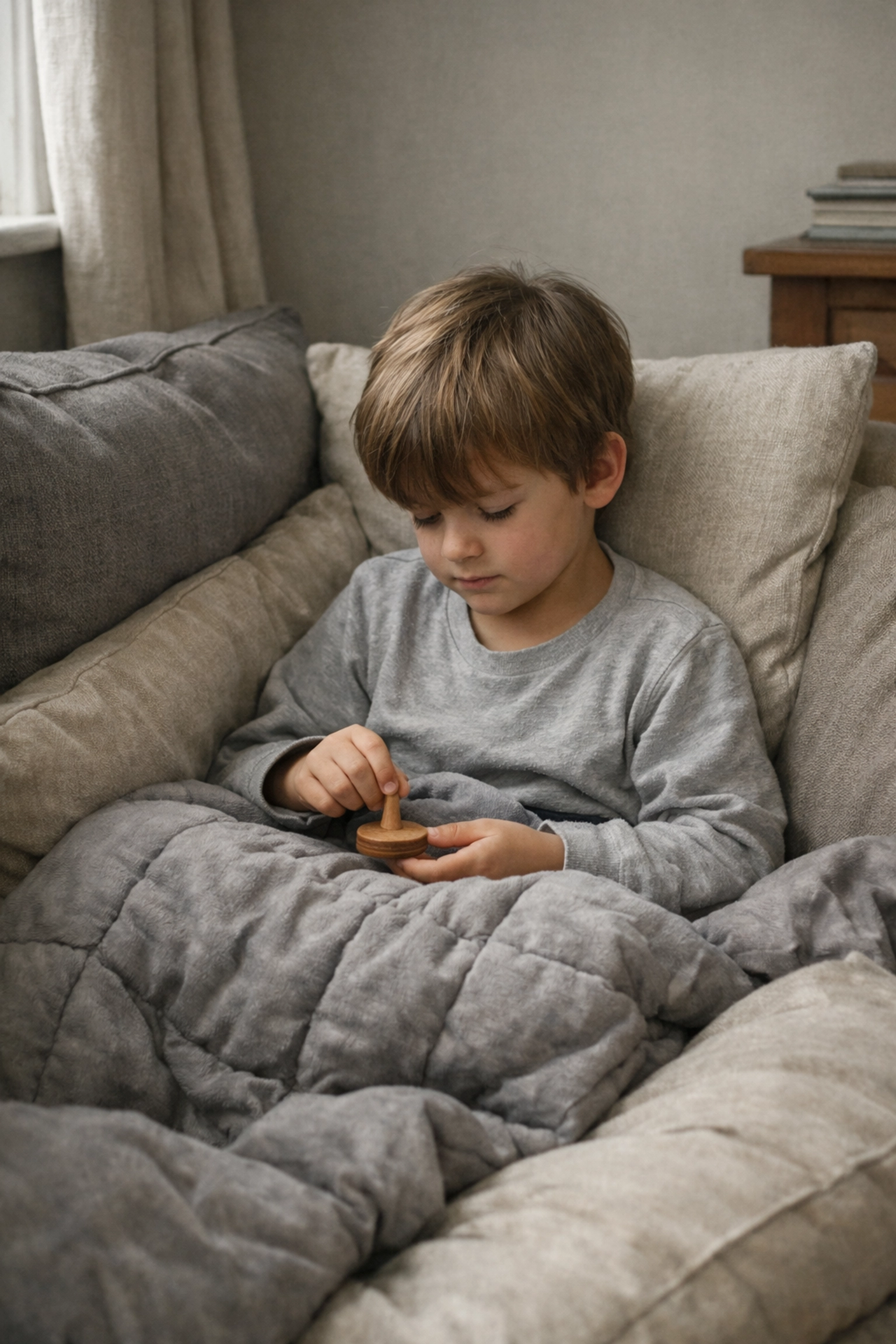 A young boy sitting in a sensory safe nook with a weighted blanket to manage school anxiety.