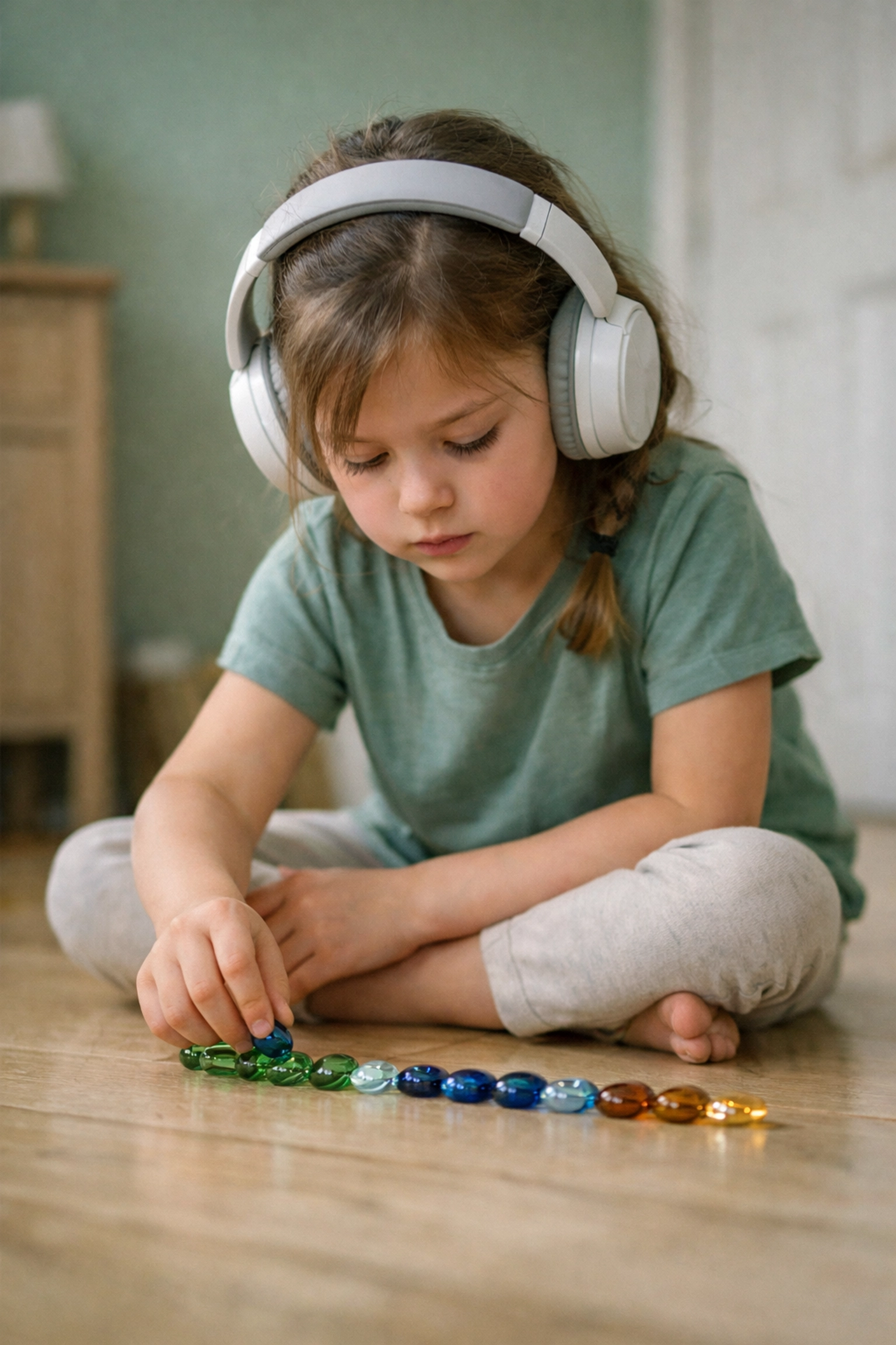 A young girl using noise-cancelling headphones for a quiet sensory activity to help with emotional regulation.