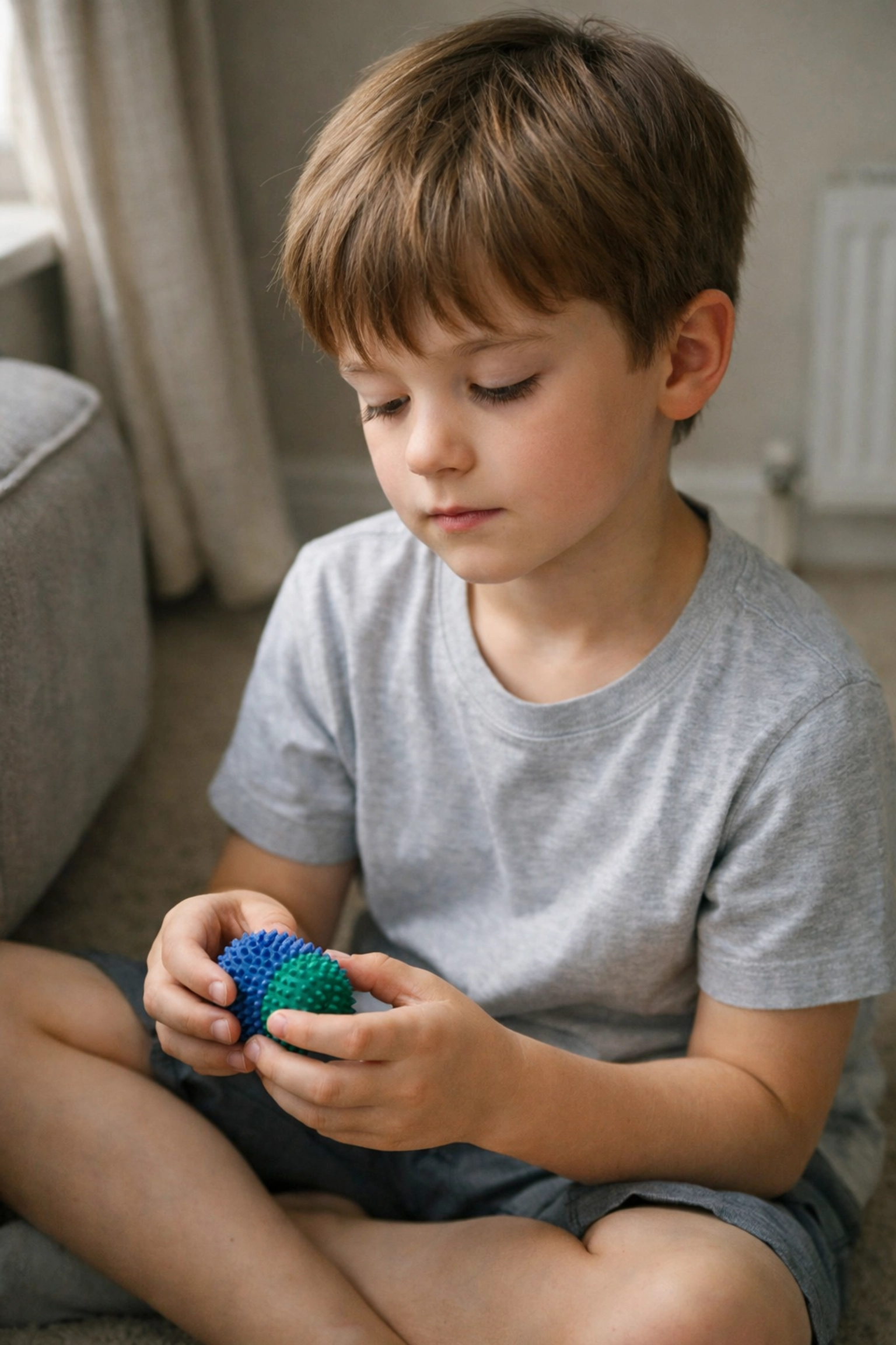 An autistic boy using a sensory toy to regulate his nervous system during school avoidance struggles.