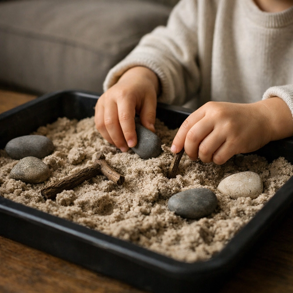 Close-up of a child's hands engaging in calming sensory play with kinetic sand.