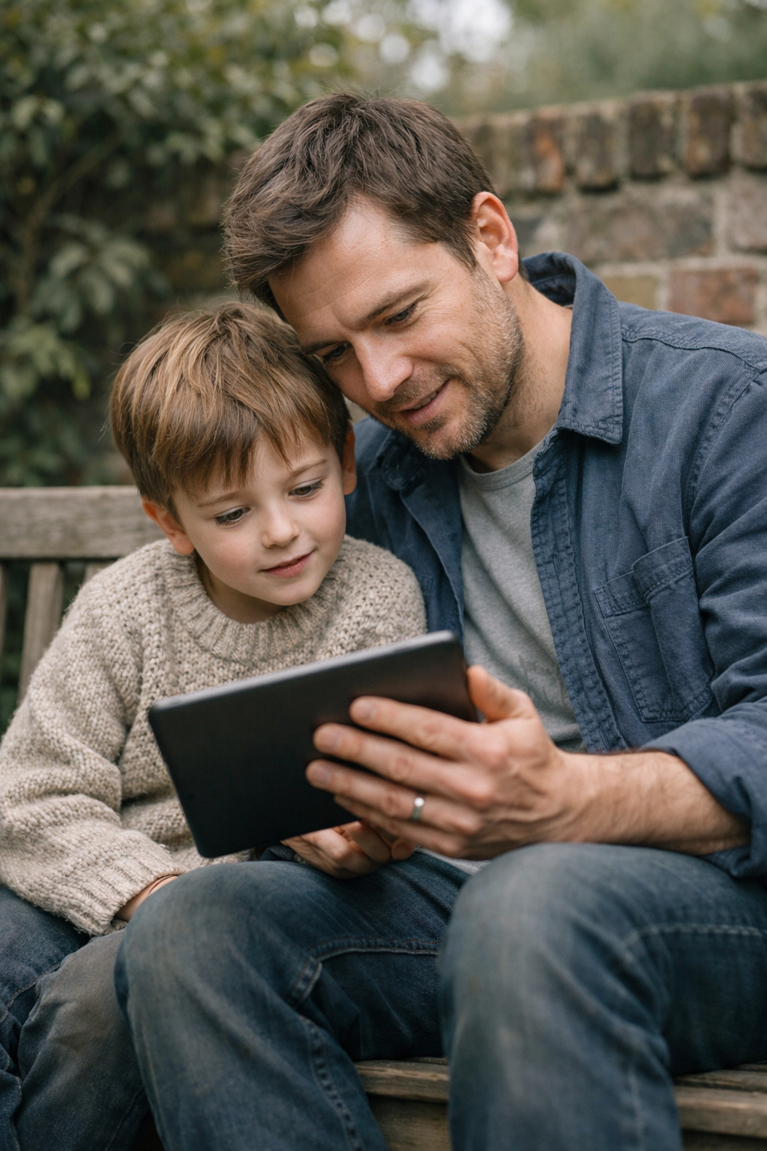 A father and son looking at a tablet together for digital SEND support tools.