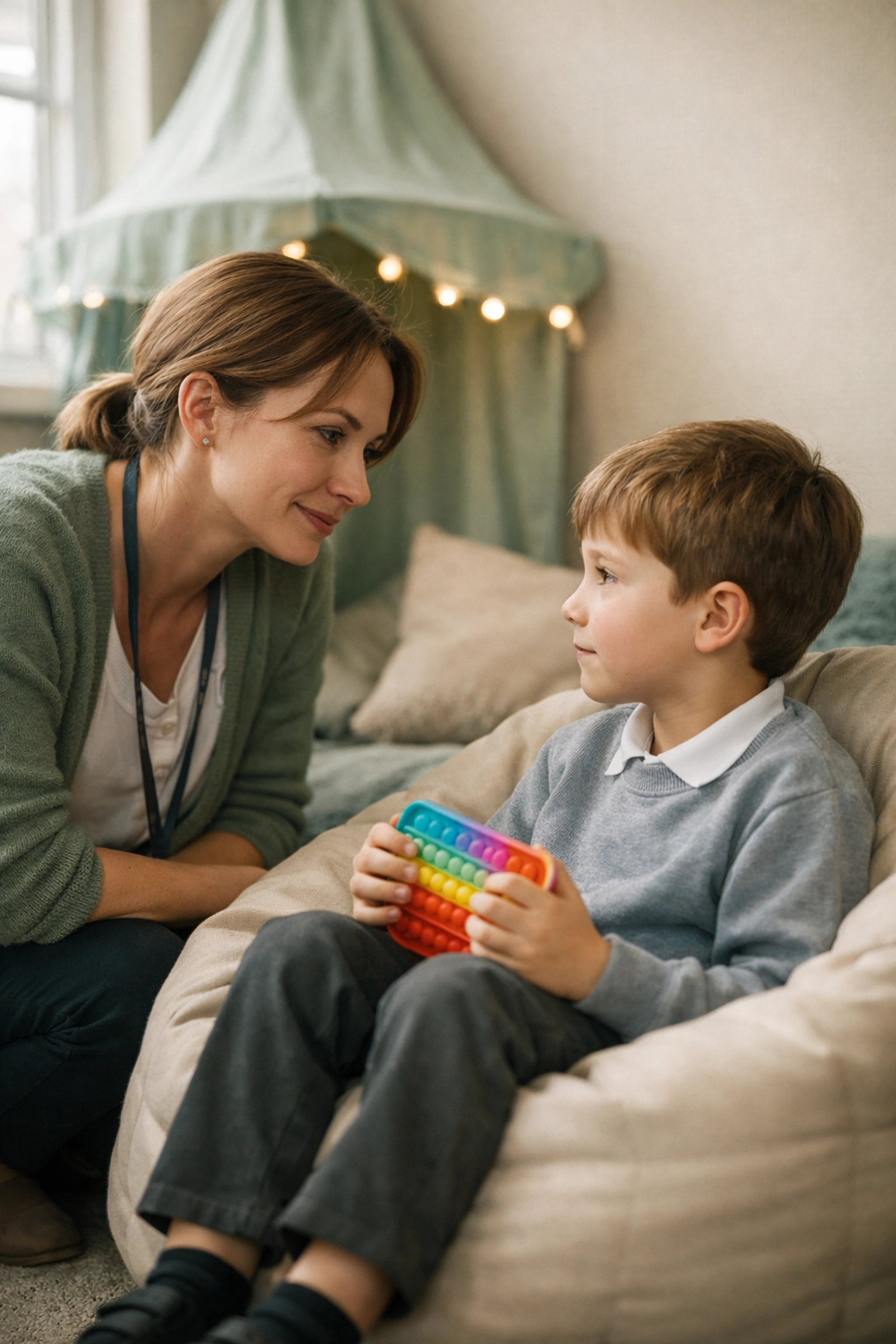 A school SENCO kneeling to support a young child using a sensory toy in a classroom.