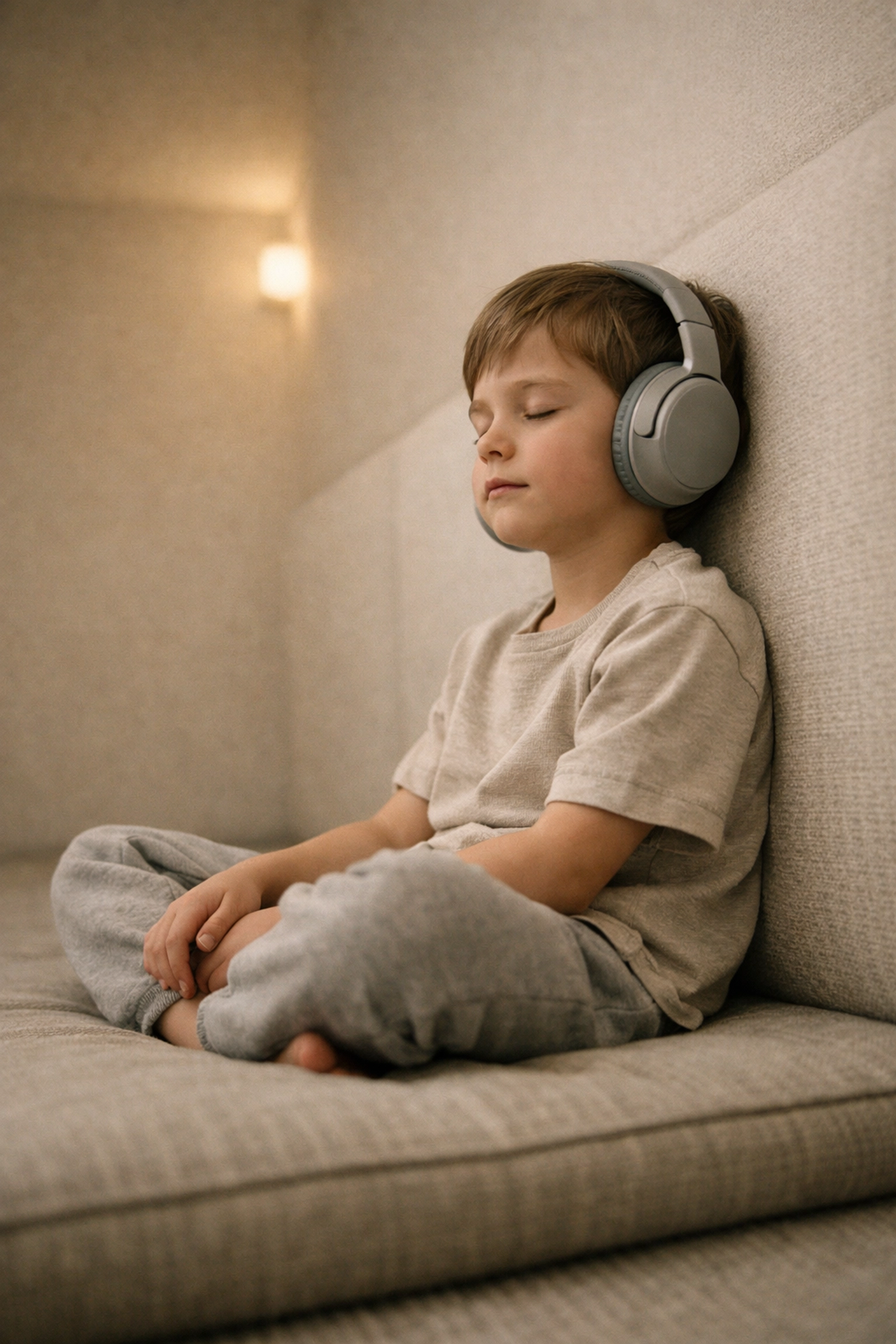 A young boy using noise-cancelling headphones in a sensory-friendly quiet room for emotional regulation.