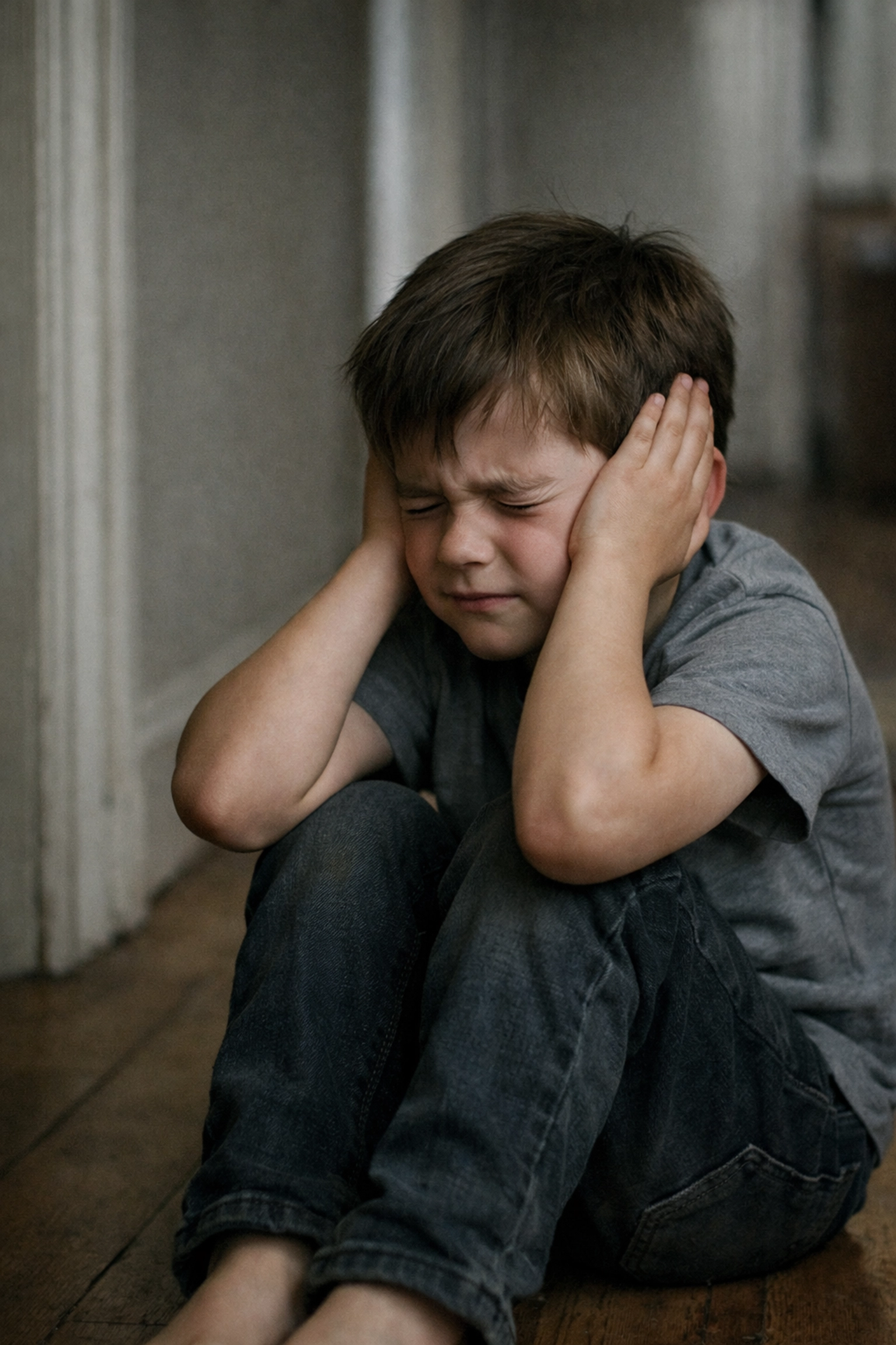 A young boy experiencing a sensory meltdown and overload, sitting on the floor with hands over his ears.
