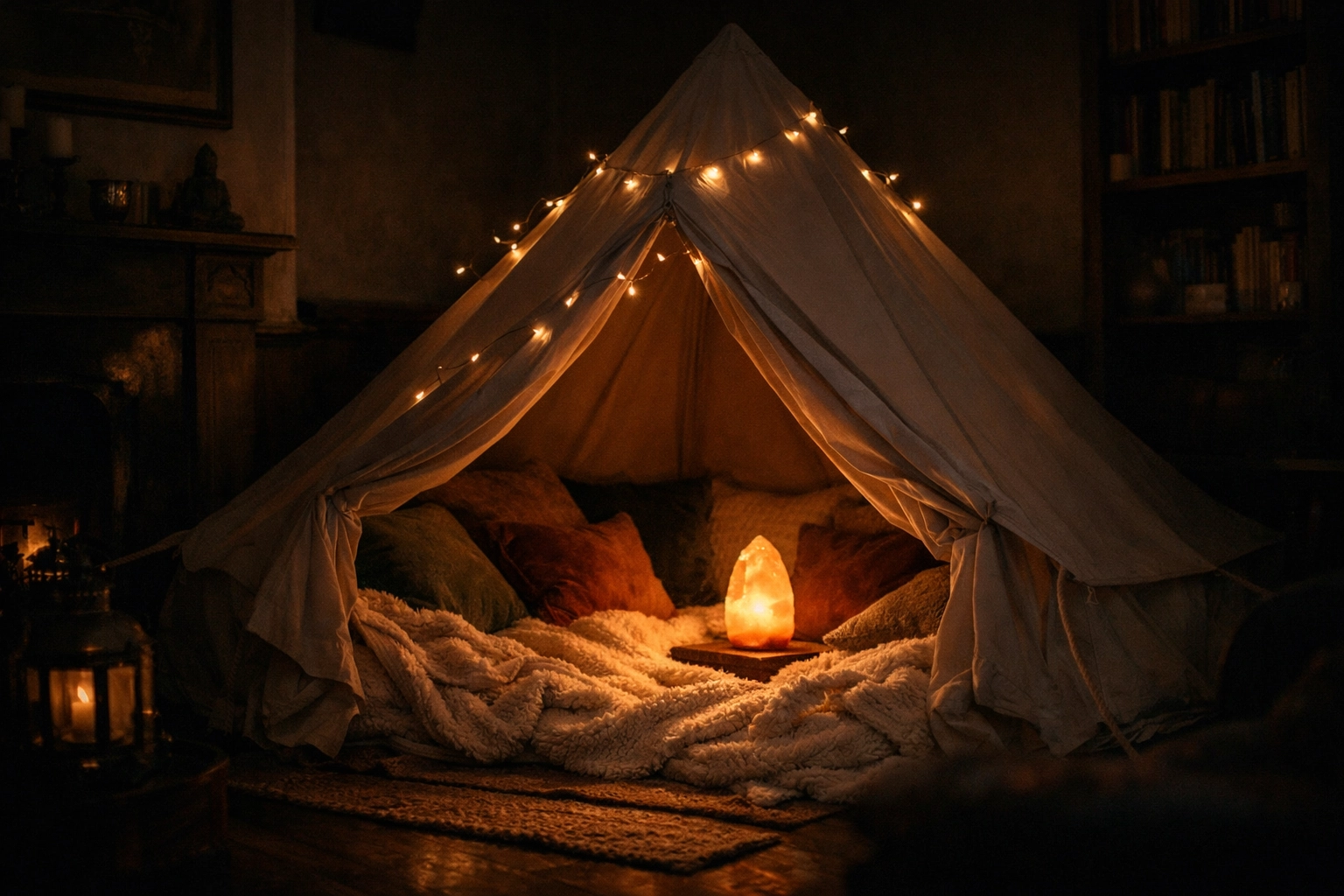 A sensory-friendly Zen Den tent with soft lighting and blankets in a quiet home living room.