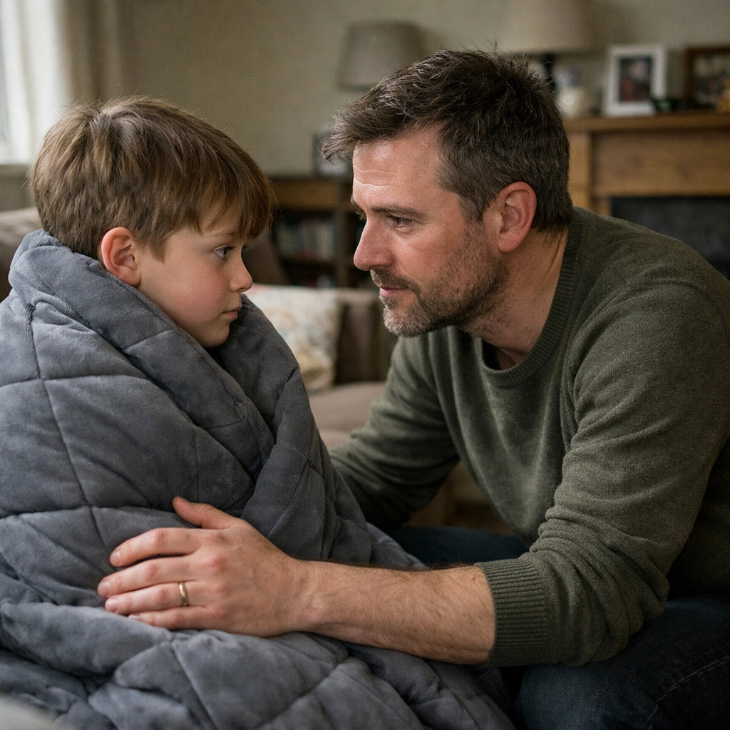 A father validating his son who is wrapped in a calming weighted blanket for sensory support.