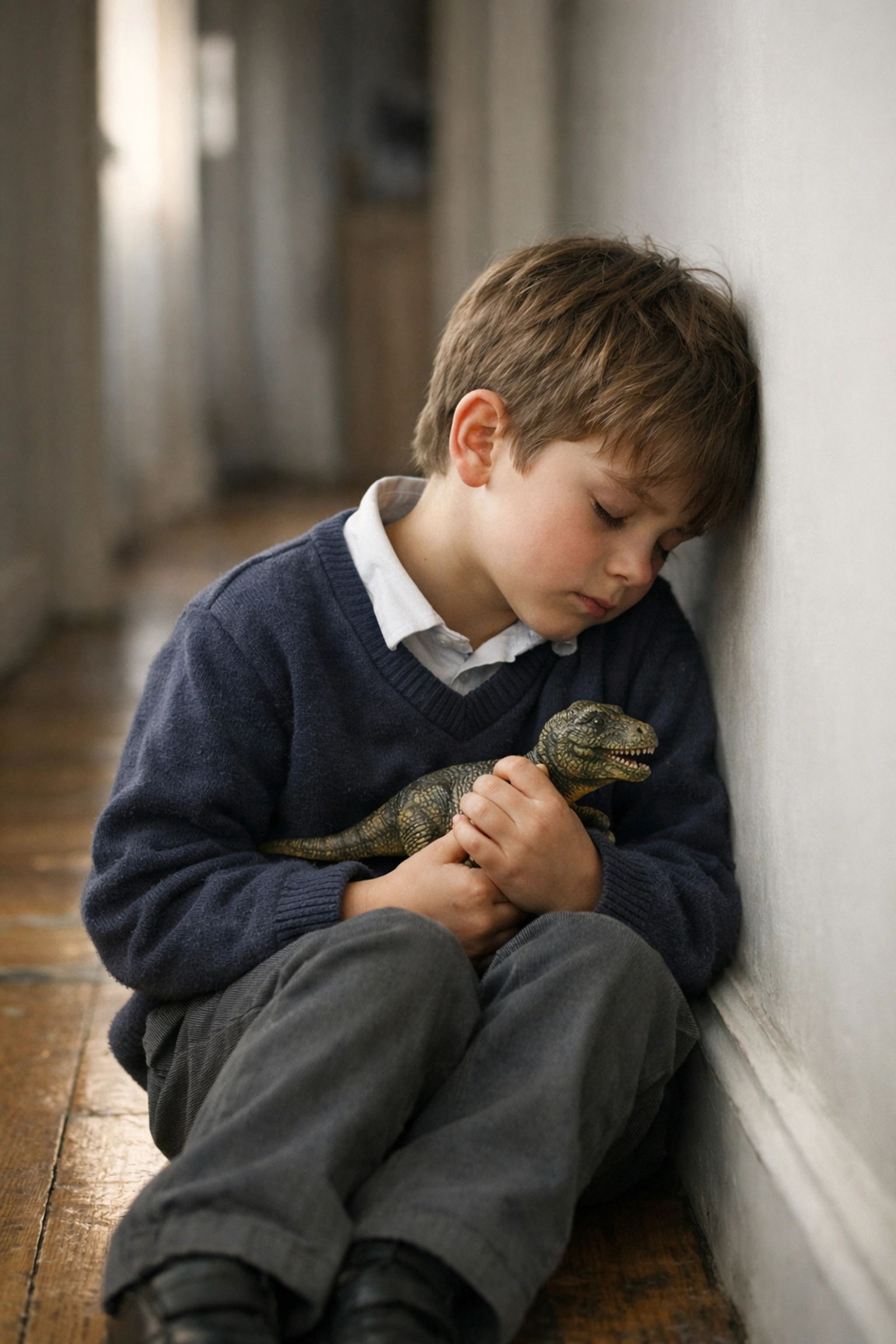 A young boy in a school jumper resting against a wall to regulate after sensory overload.