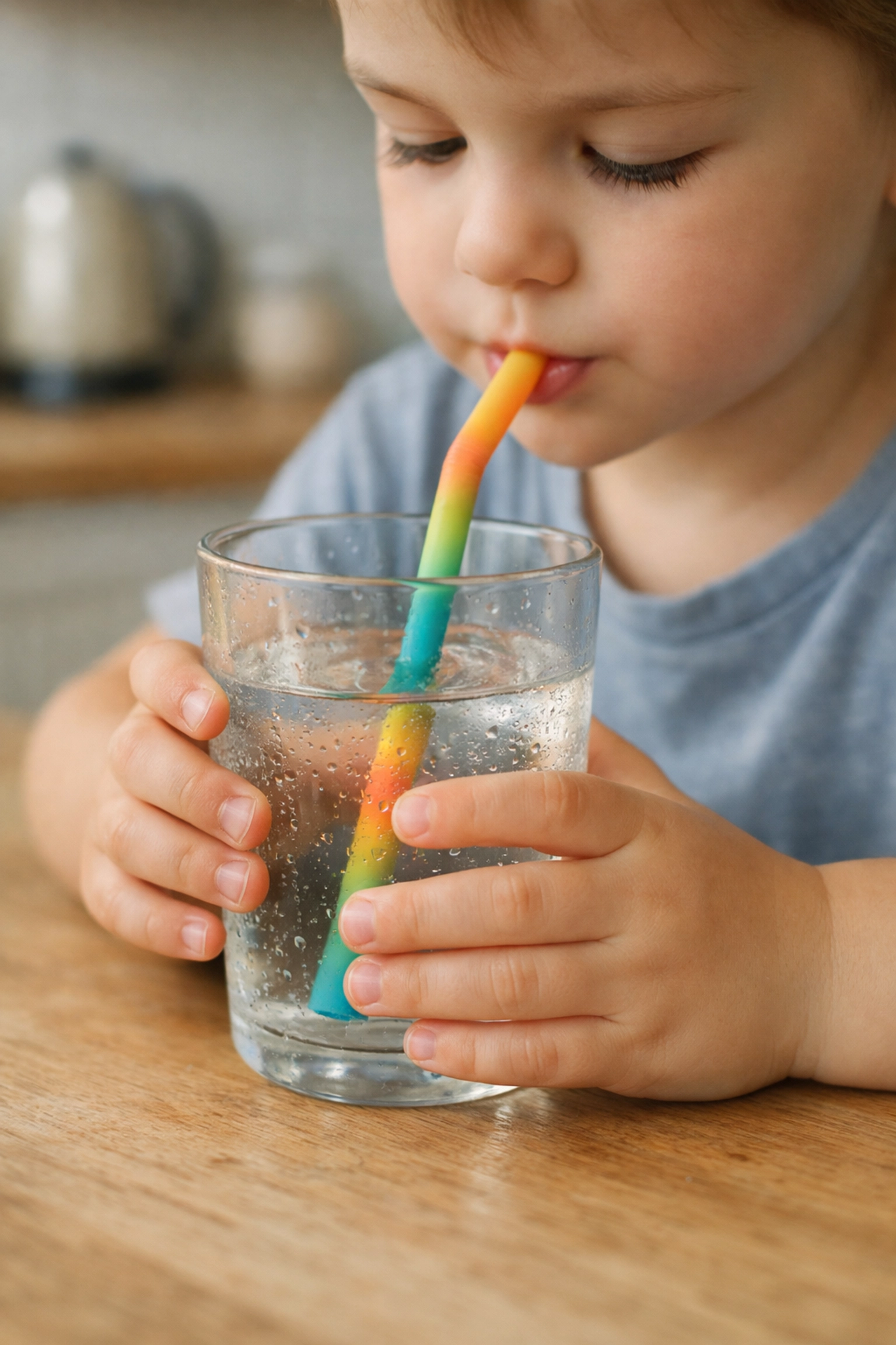 A child drinking cold water through a straw to help regulate their sensory system at home.