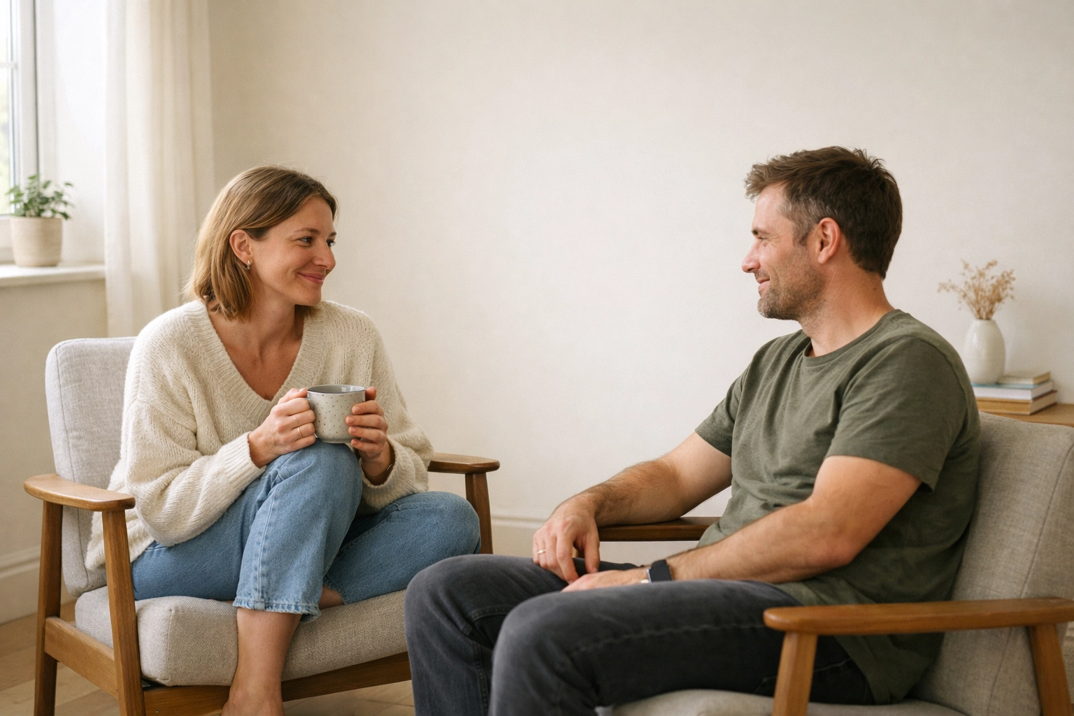 Two parents sharing a quiet, supportive conversation in a calm, minimalist sensory-friendly space.