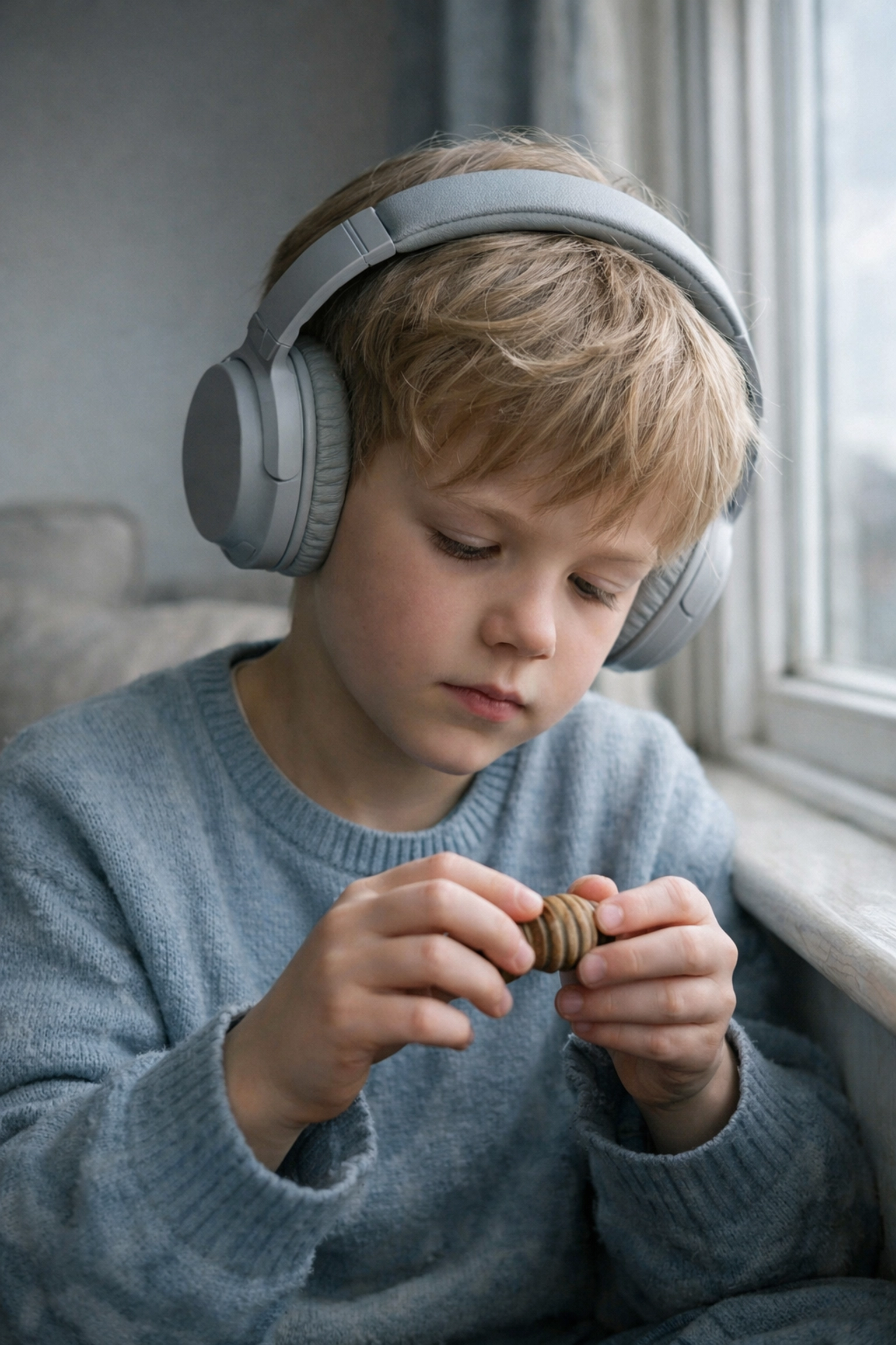 A young boy wearing noise-cancelling headphones uses a sensory toy to regulate in a quiet room.