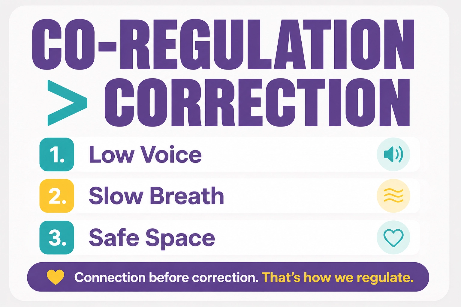 Graphic outlining co-regulation tips like using a low voice and slow breathing for children.