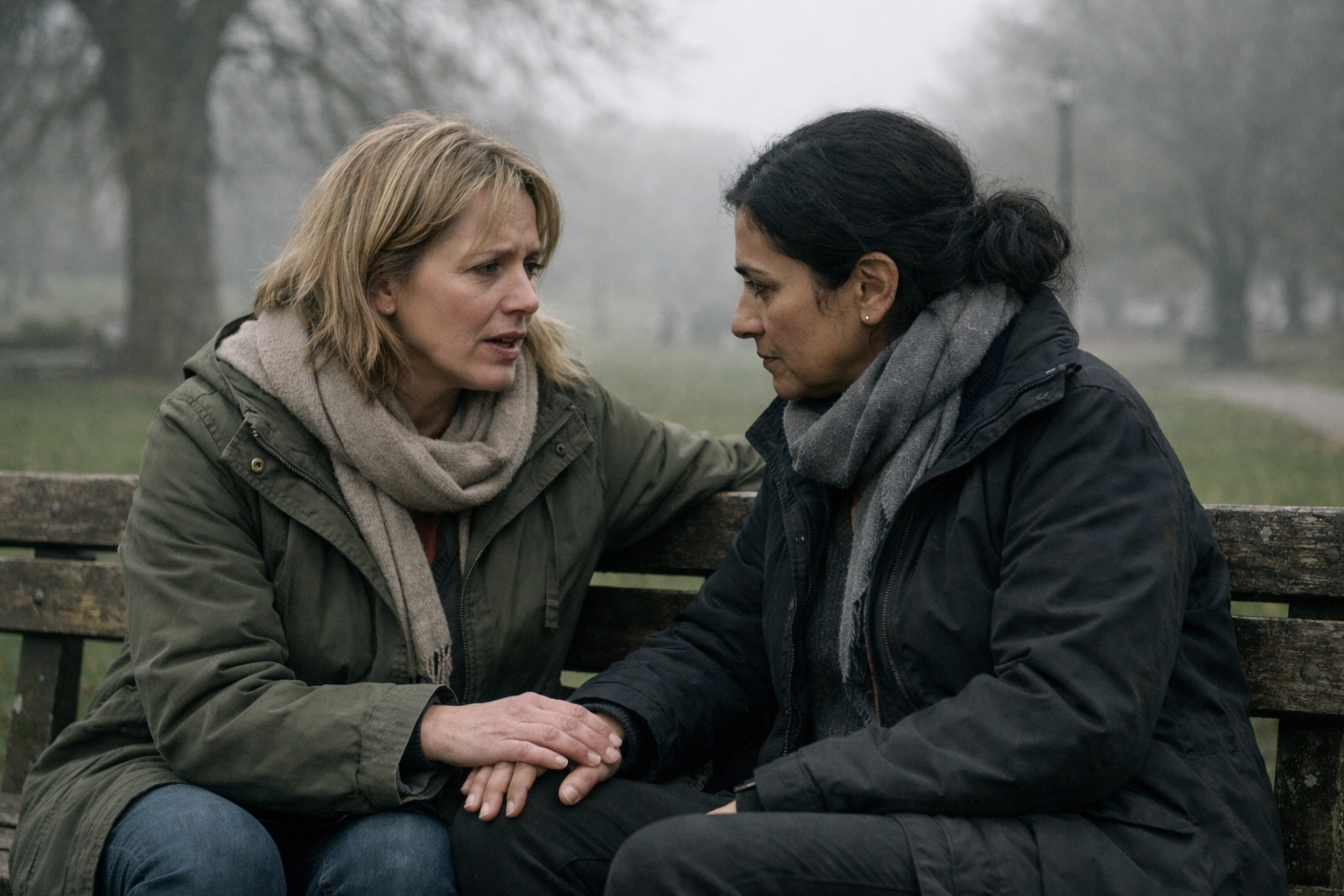 Two women sharing peer support on a bench during Mental Health Awareness Week for carers in the UK.