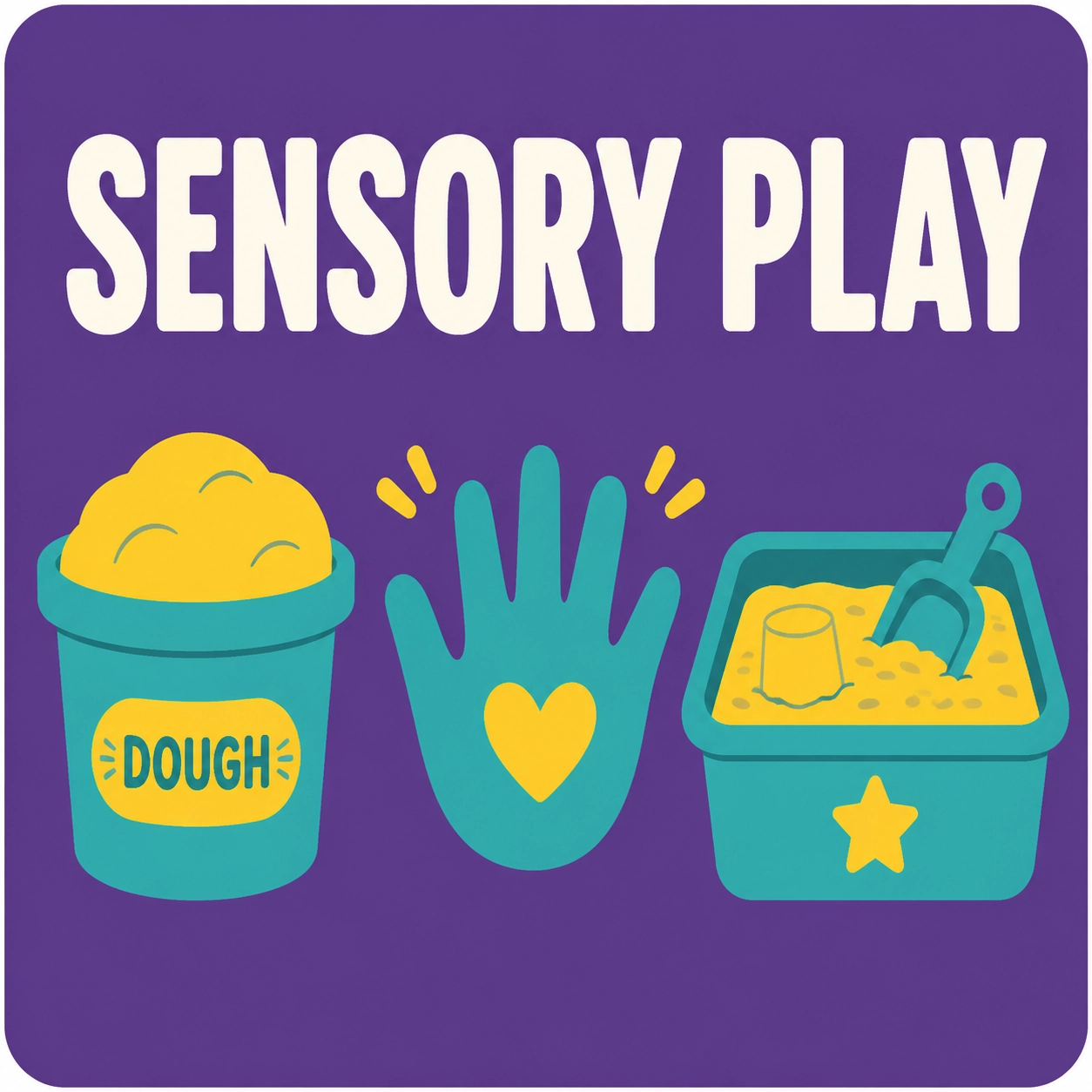 Flat vector icons for sensory play including play dough and tactile bins.