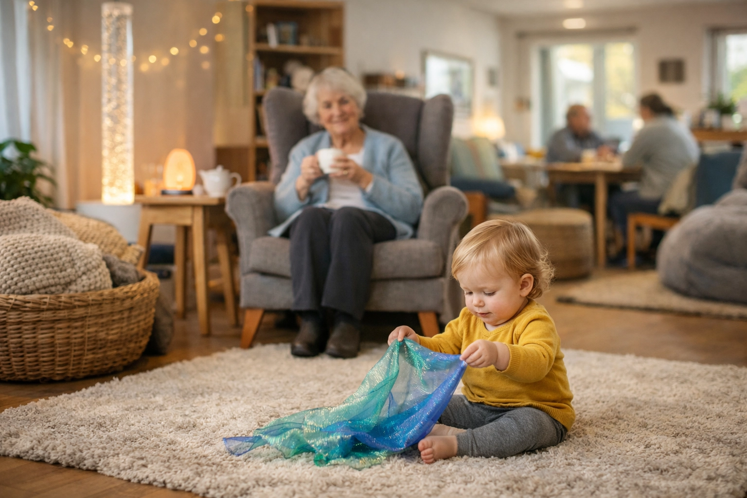 A toddler and senior in a dementia-friendly Halifax community hub designed for inclusive sensory support.