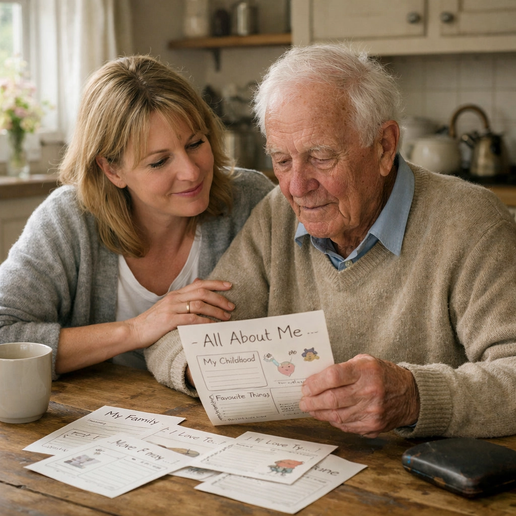 A daughter and father using Noa's Place sensory tools at home to support dementia care and communication.